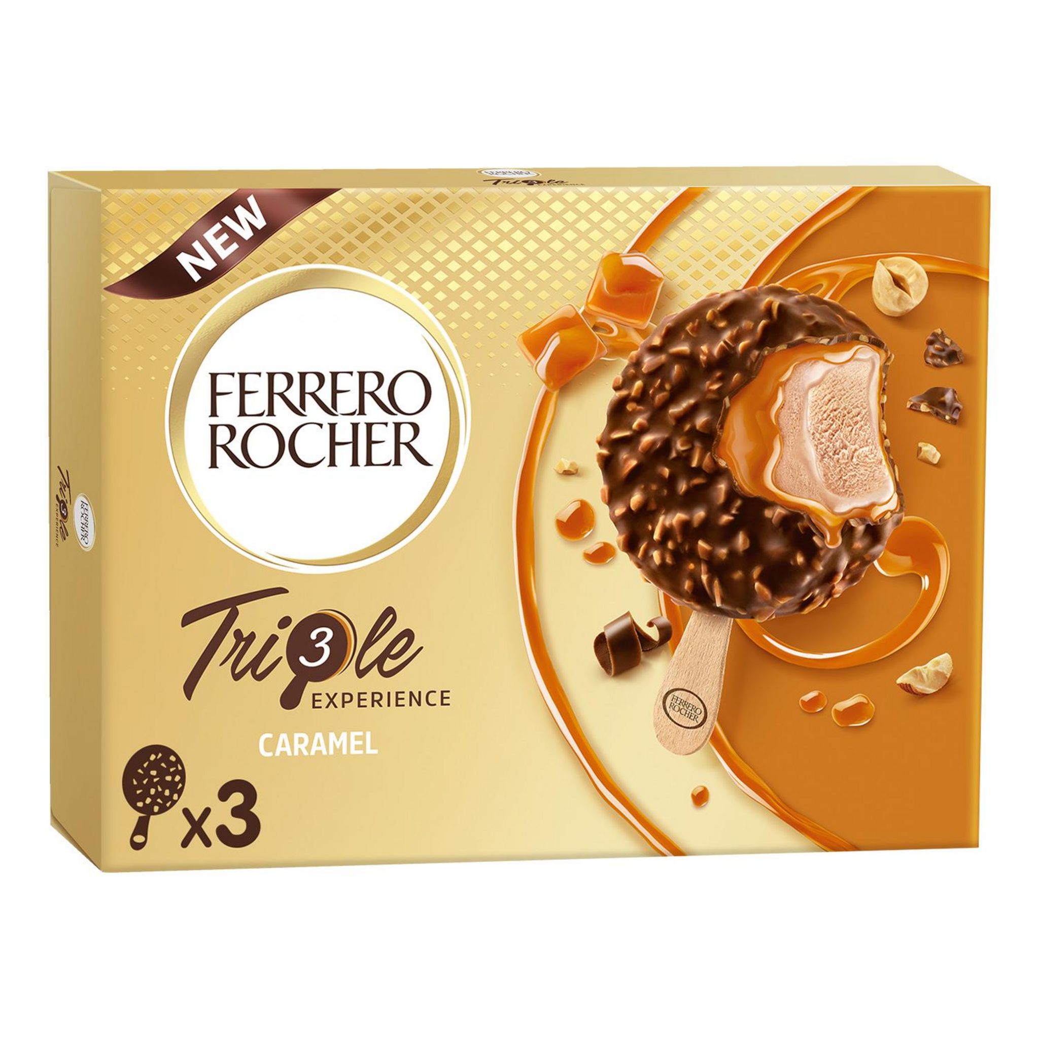 Voir la diapositive 2 : FERRERO ROCHER Bâtonnets glacés triple caramel et chocolat au lait 3 pièces 138g