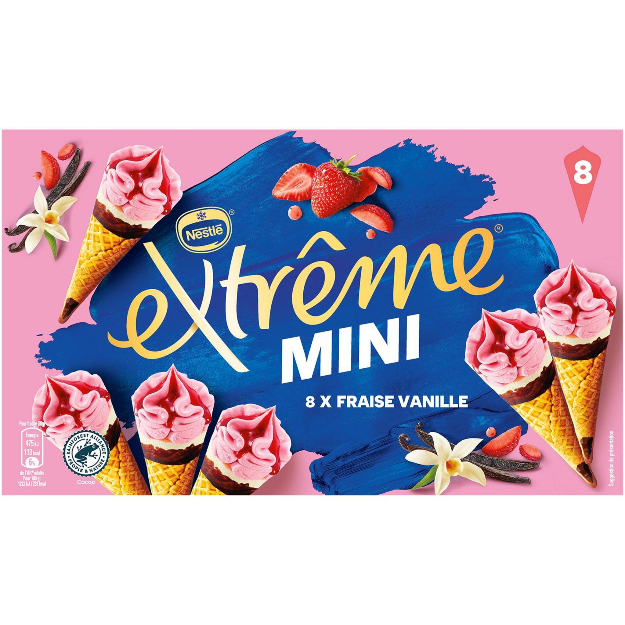 Voir la diapositive 2 : EXTREME Mini cônes glacés fraise vanille 8 pièces 312g