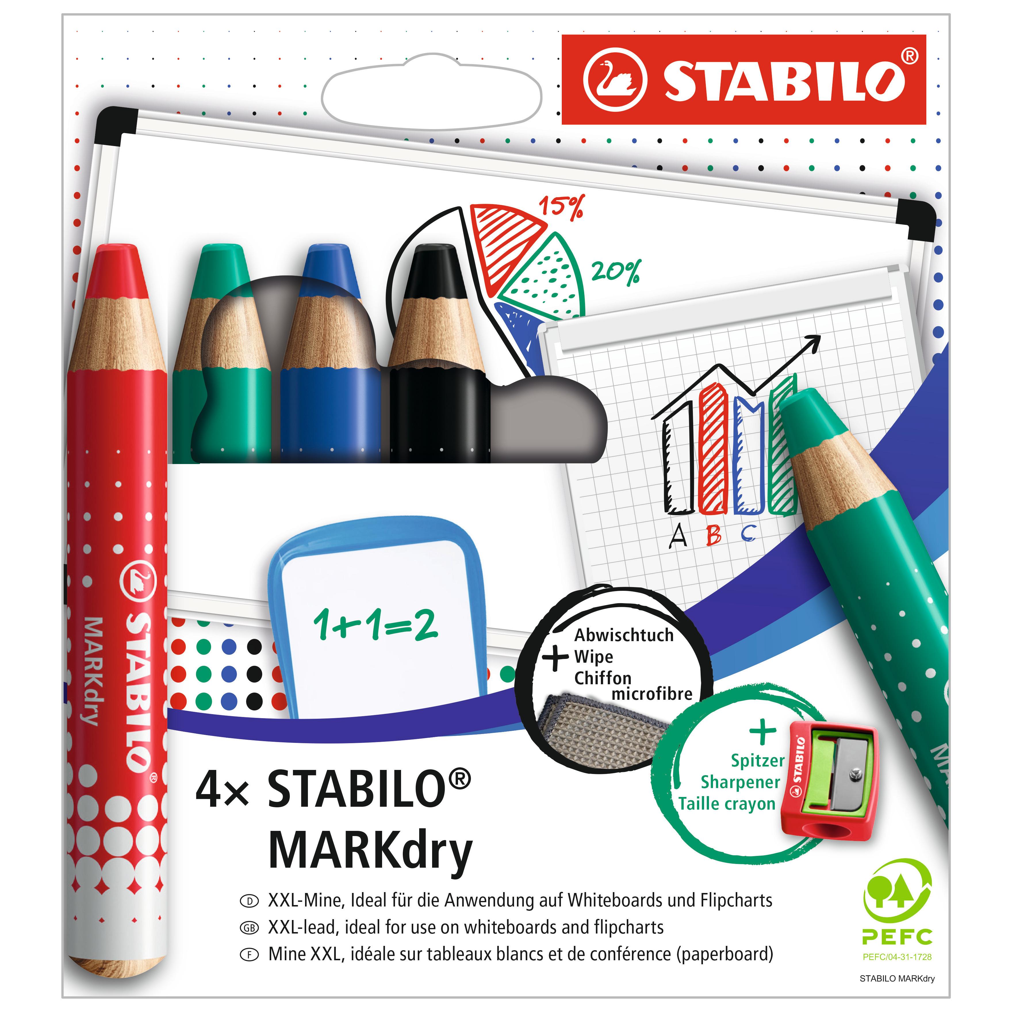 STABILO Crayons x4 effaçable à sec Markdry +Taille crayon + Chiffon microfibre
