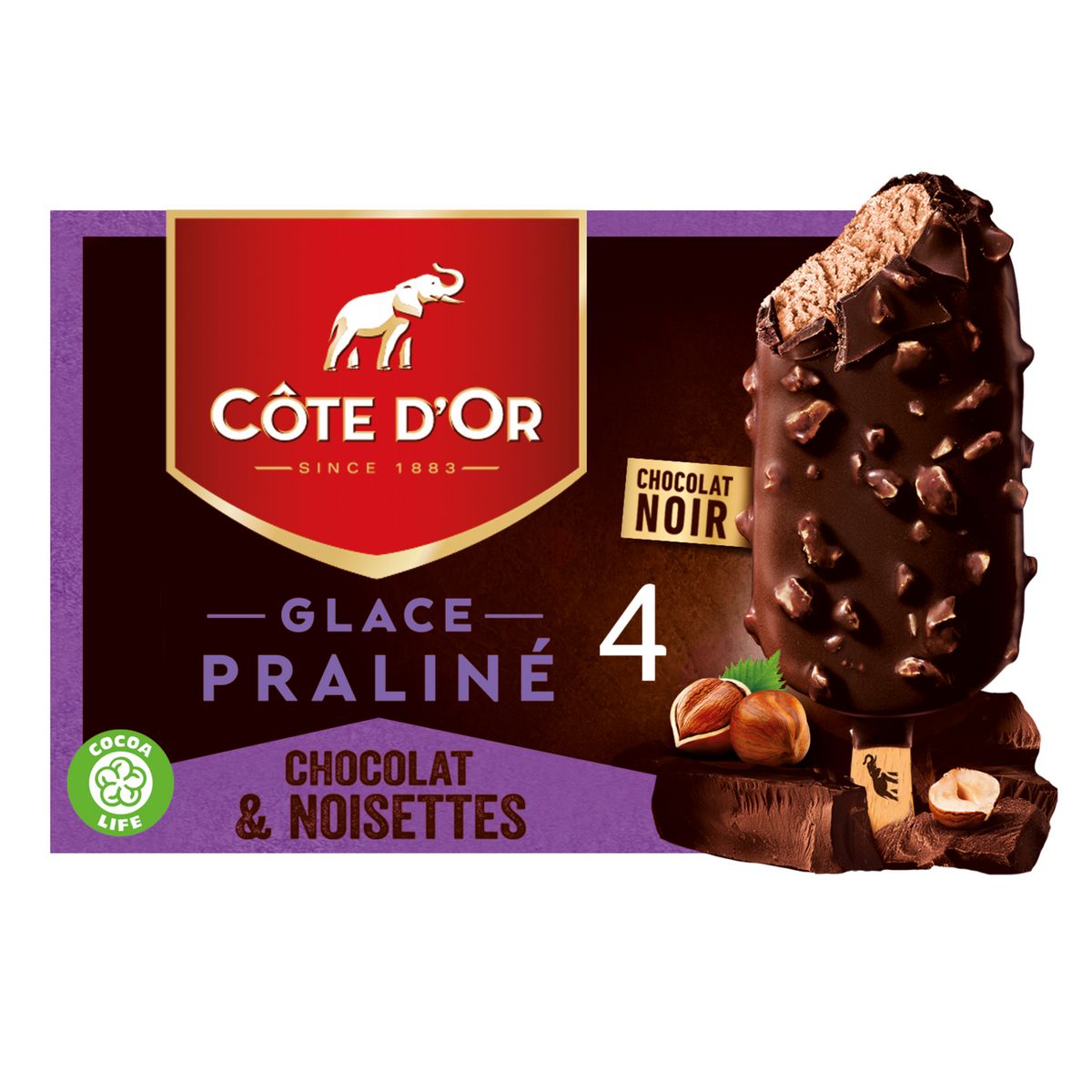 COTE D'OR Bâtonnet glacé praliné chocolat et noisettes 4 pièces 260g