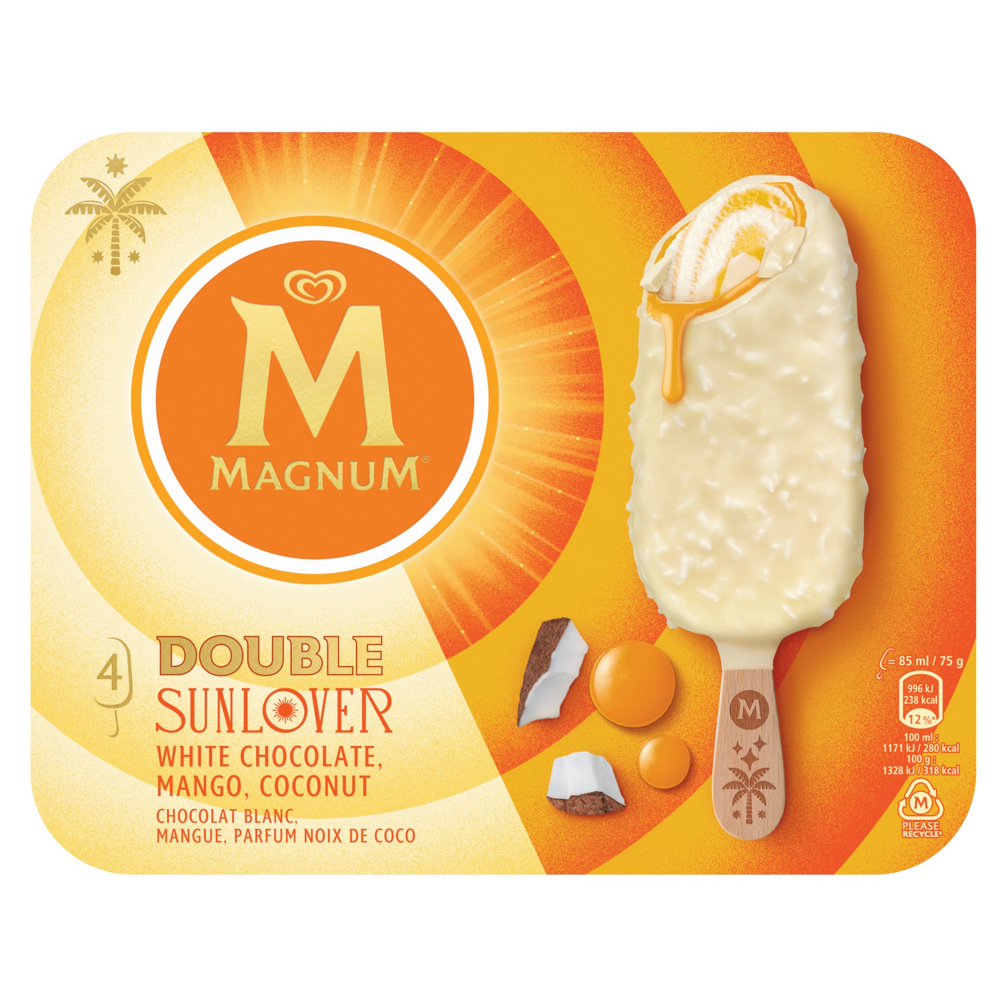Voir la diapositive 2 : MAGNUM Bâtonnets glacés Sunlover double chocolat blanc mangue et noix de coco 4 pièces 300g