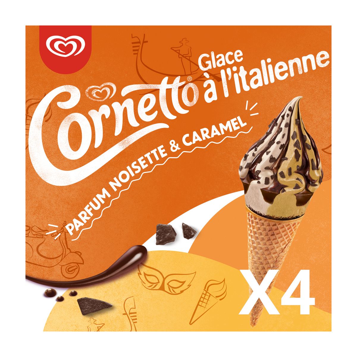 CORNETTO Glace à l'italienne noisette et caramel 4 pièces 324g