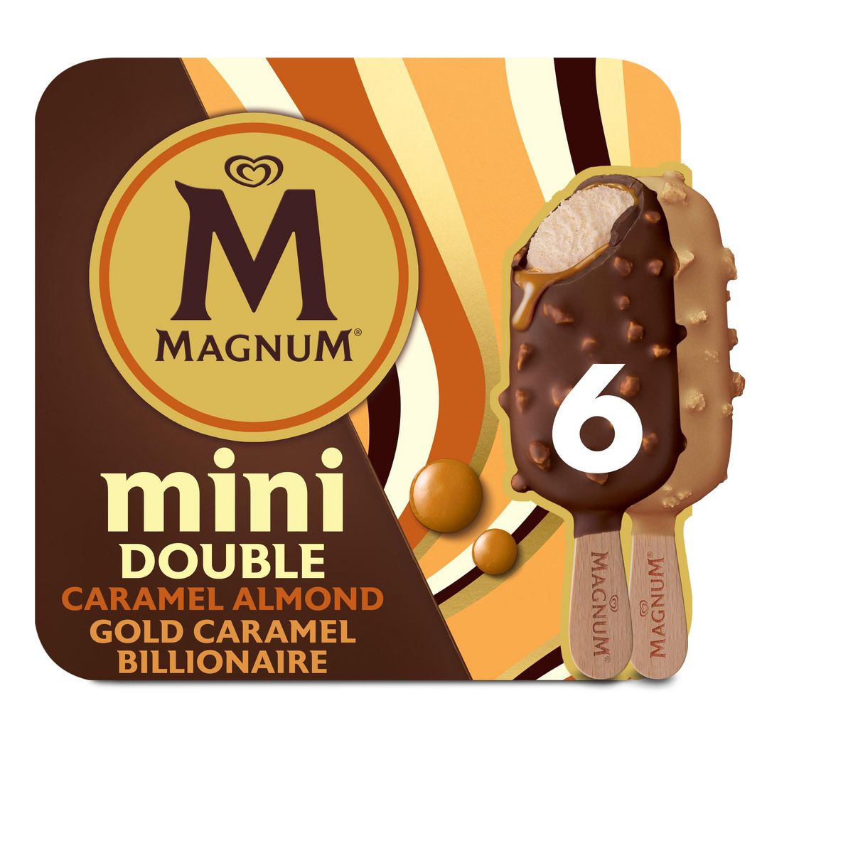 MAGNUM Mini bâtonnets glacés double caramel et amande 6 pièces 282g