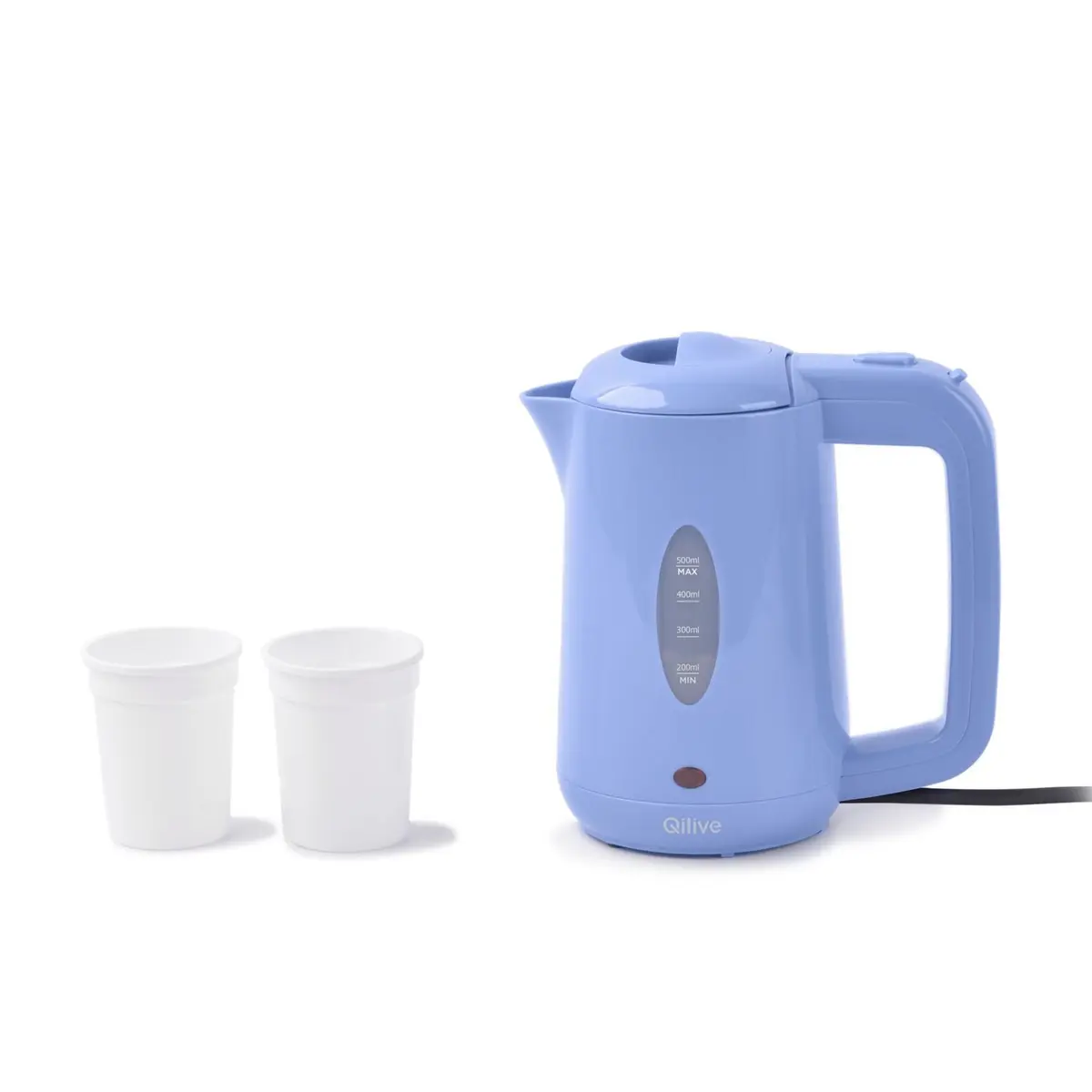 Bouilloire électrique noire de voyage 500 ml. Résistance cachée contre la surchauffe. Comprend 2 petites tasses Bouilloire électrique noire de voyage 500 ml. Résistance cachée contre la surchauffe. Comprend 2 petites tasses