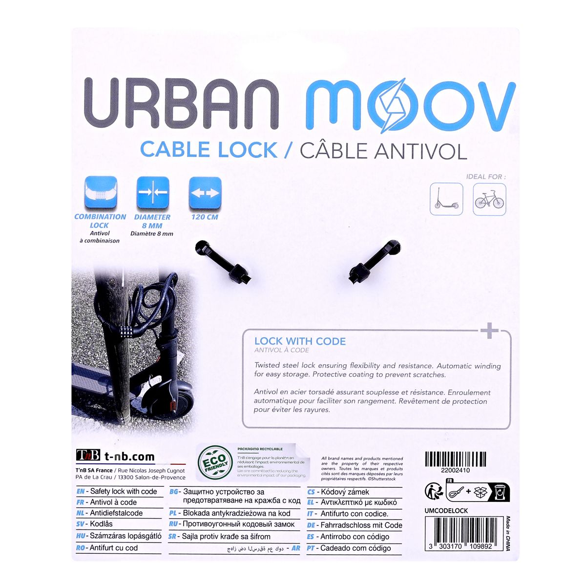 URBAN MOOV Antivol spirale à code pour vélo et trottinette