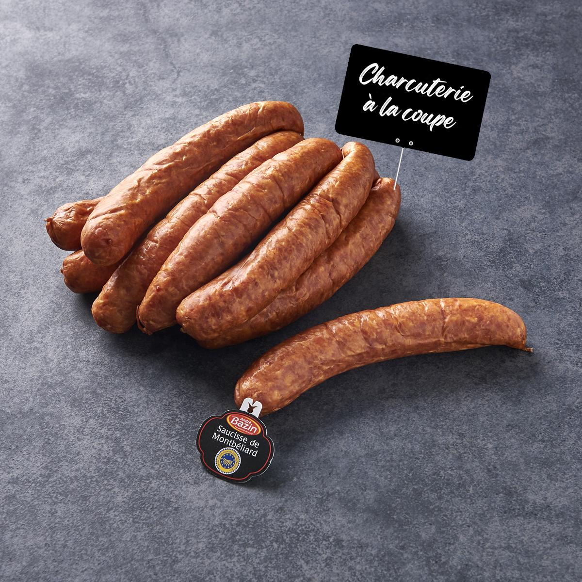 Voir la diapositive 2 : MON CHARCUTIER Saucisse de Montbéliard fumée IGP 1 pièce 175g