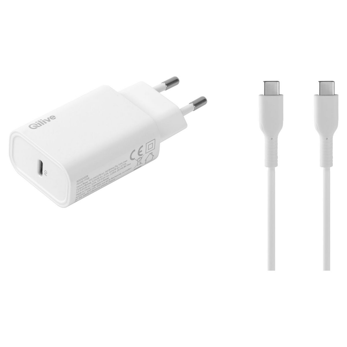QILIVE Chargeur et câble USB C/USB C - Blanc