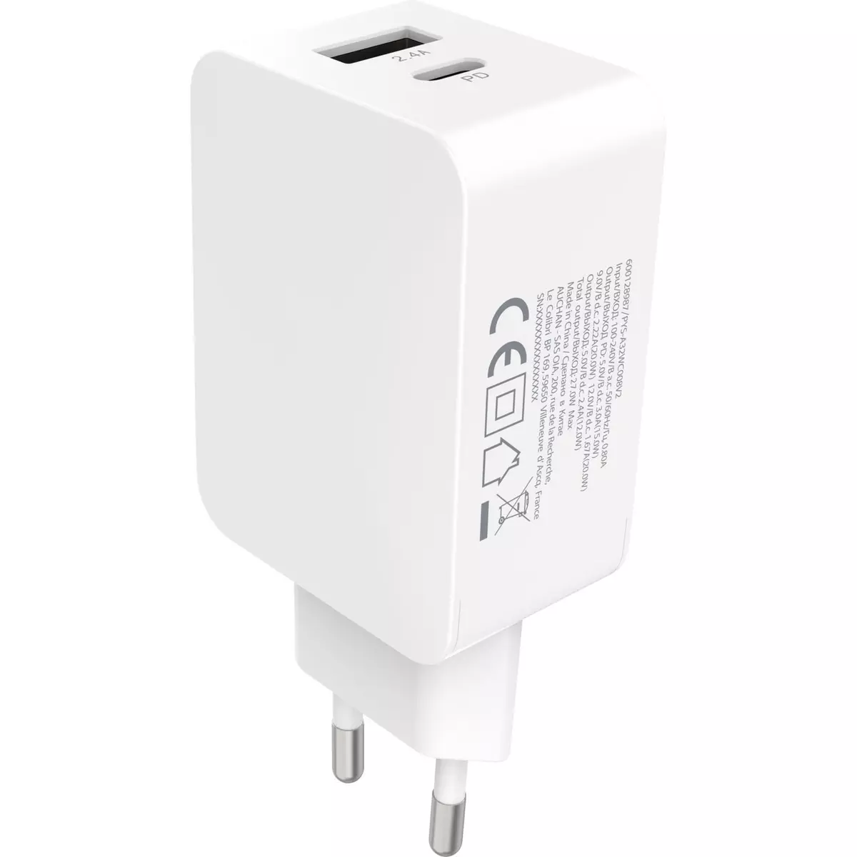 QILIVE Chargeur maison USB A/ UBS C - Blanc