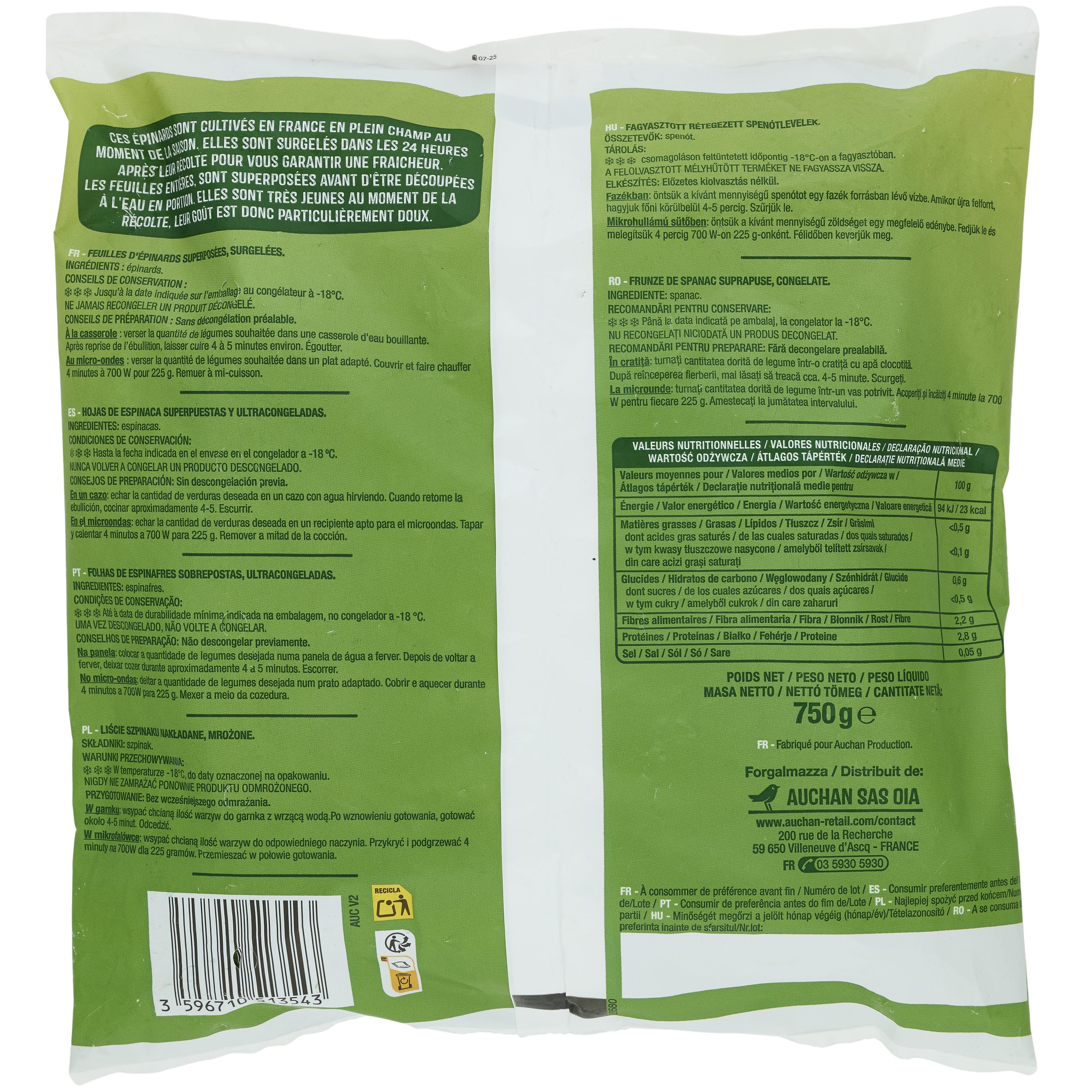 Voir la diapositive 2 : AUCHAN Epinards feuilles 750g