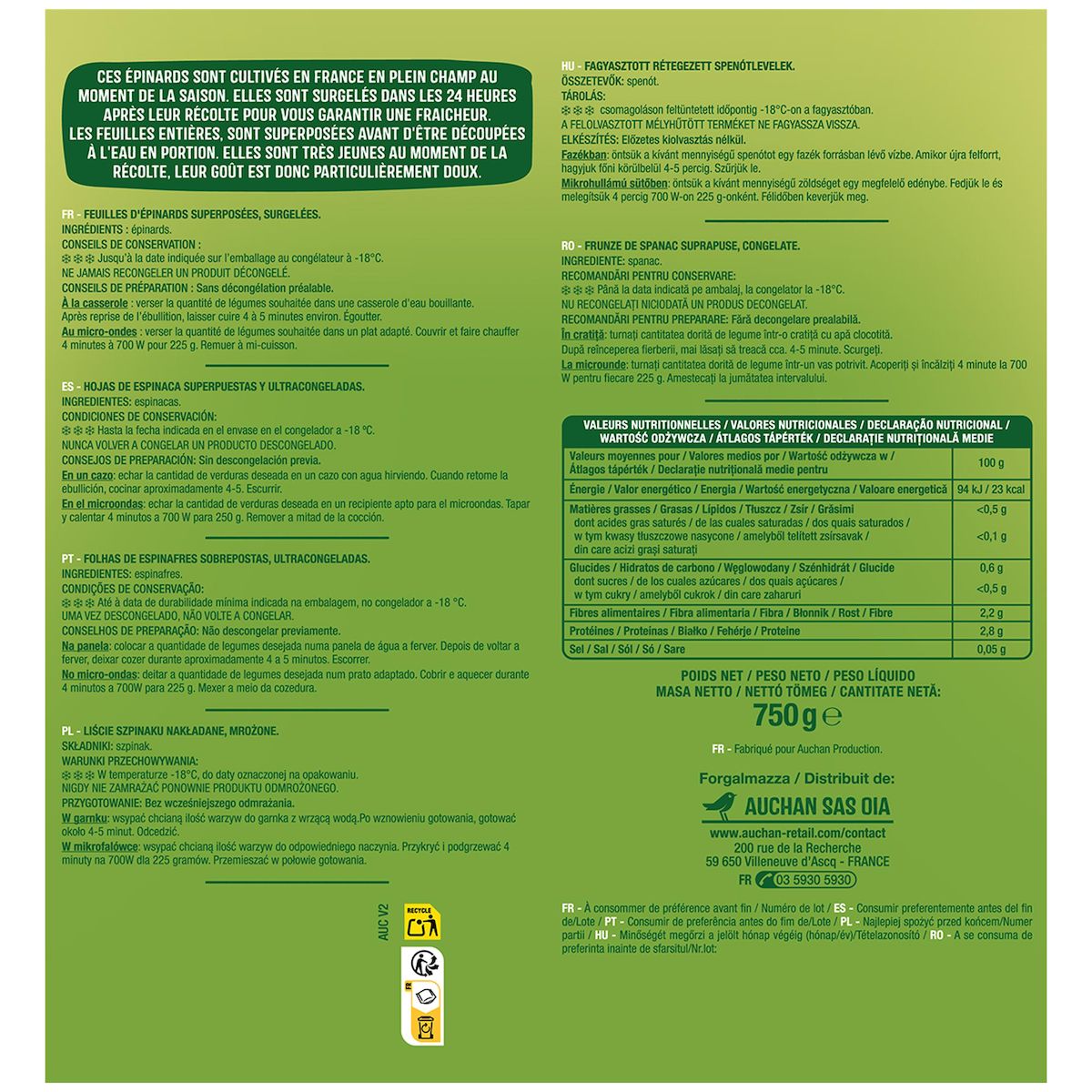 AUCHAN Feuilles d'épinards 3 portions 750g