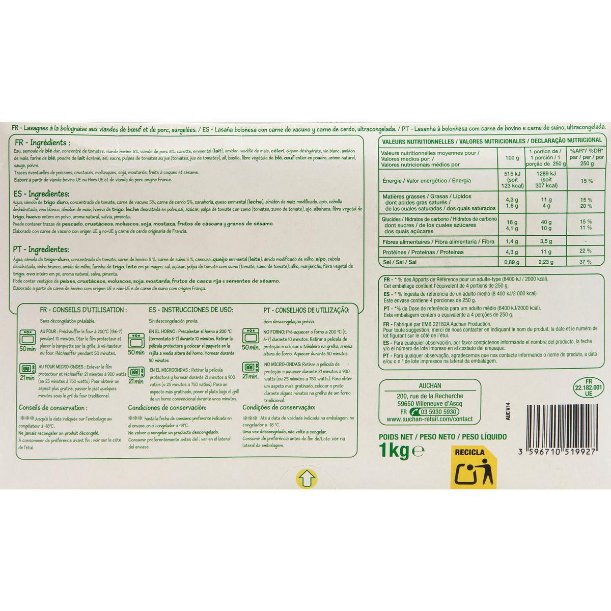 POUCE Lasagnes à la bolognaise 4 portions 1kg