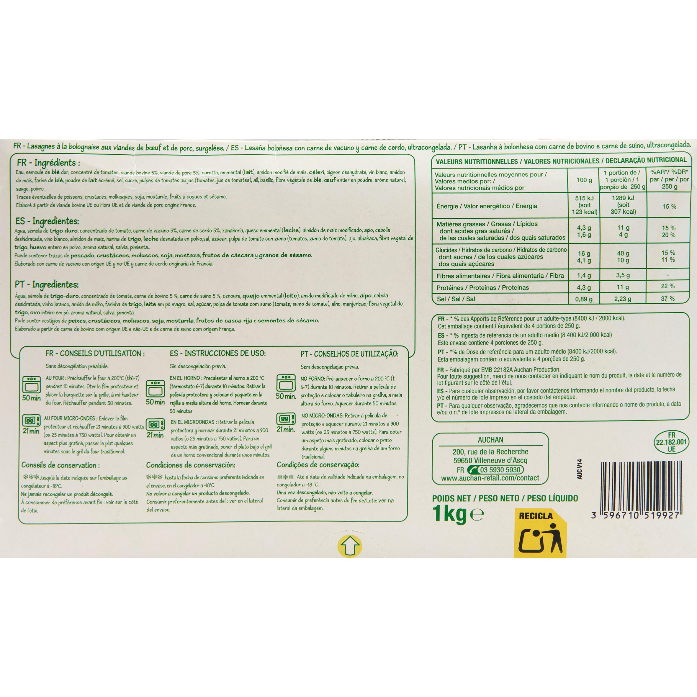 Voir la diapositive 3 : POUCE Lasagnes à la bolognaise 4 portions 1kg