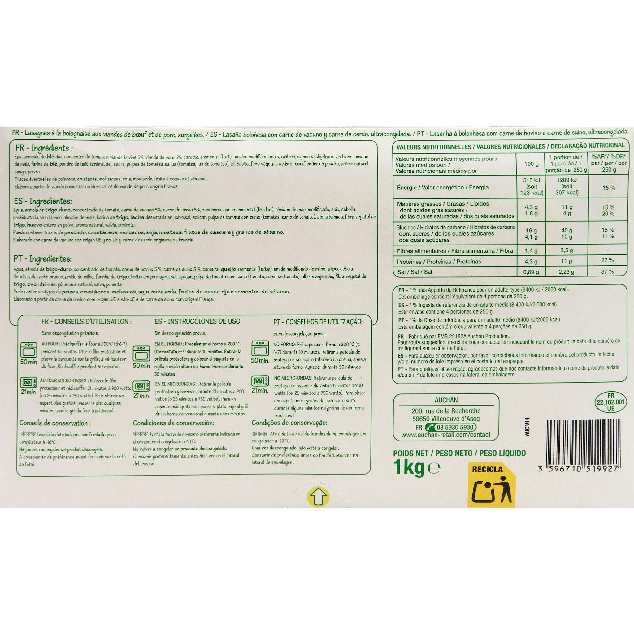 Voir la diapositive 3 : POUCE Lasagnes à la bolognaise 4 portions 1kg