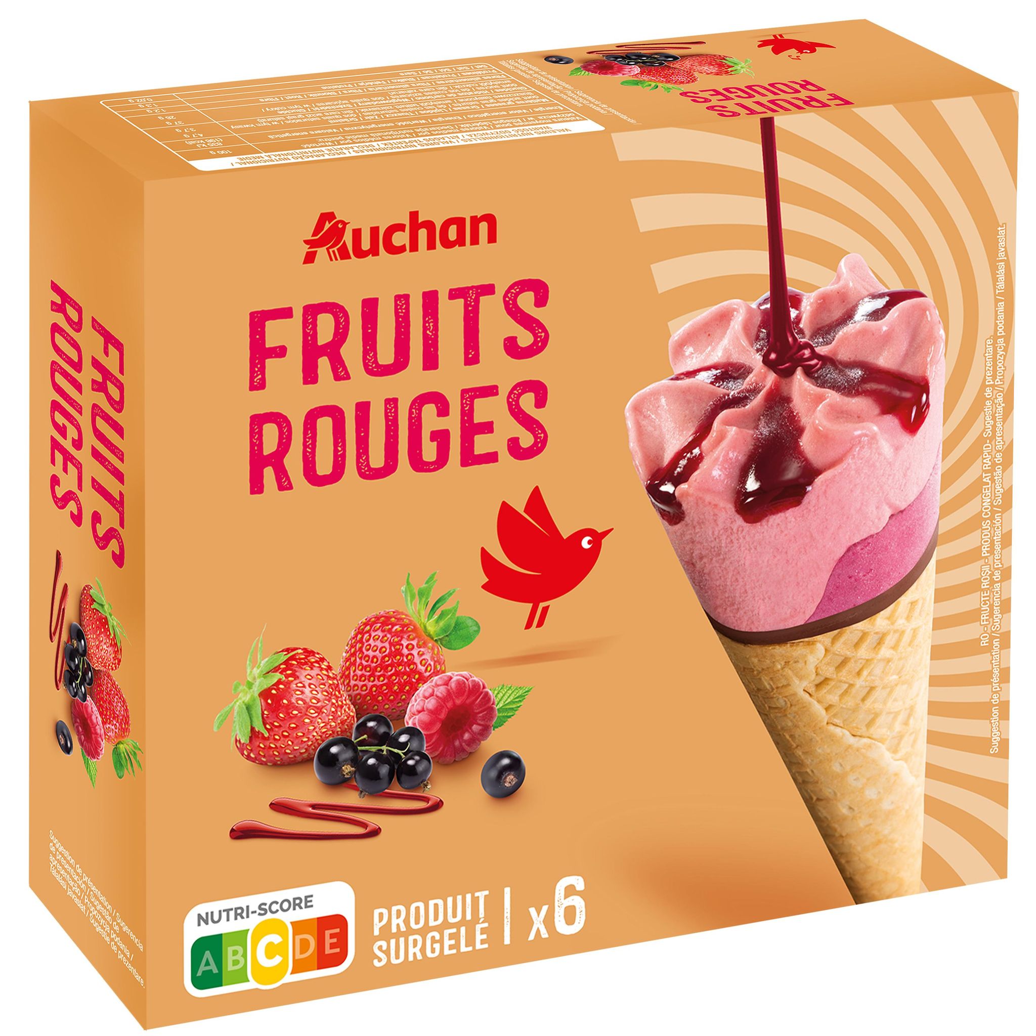 Voir la diapositive 2 : AUCHAN Cônes glacés aux fruits rouges 6 pièces 425g