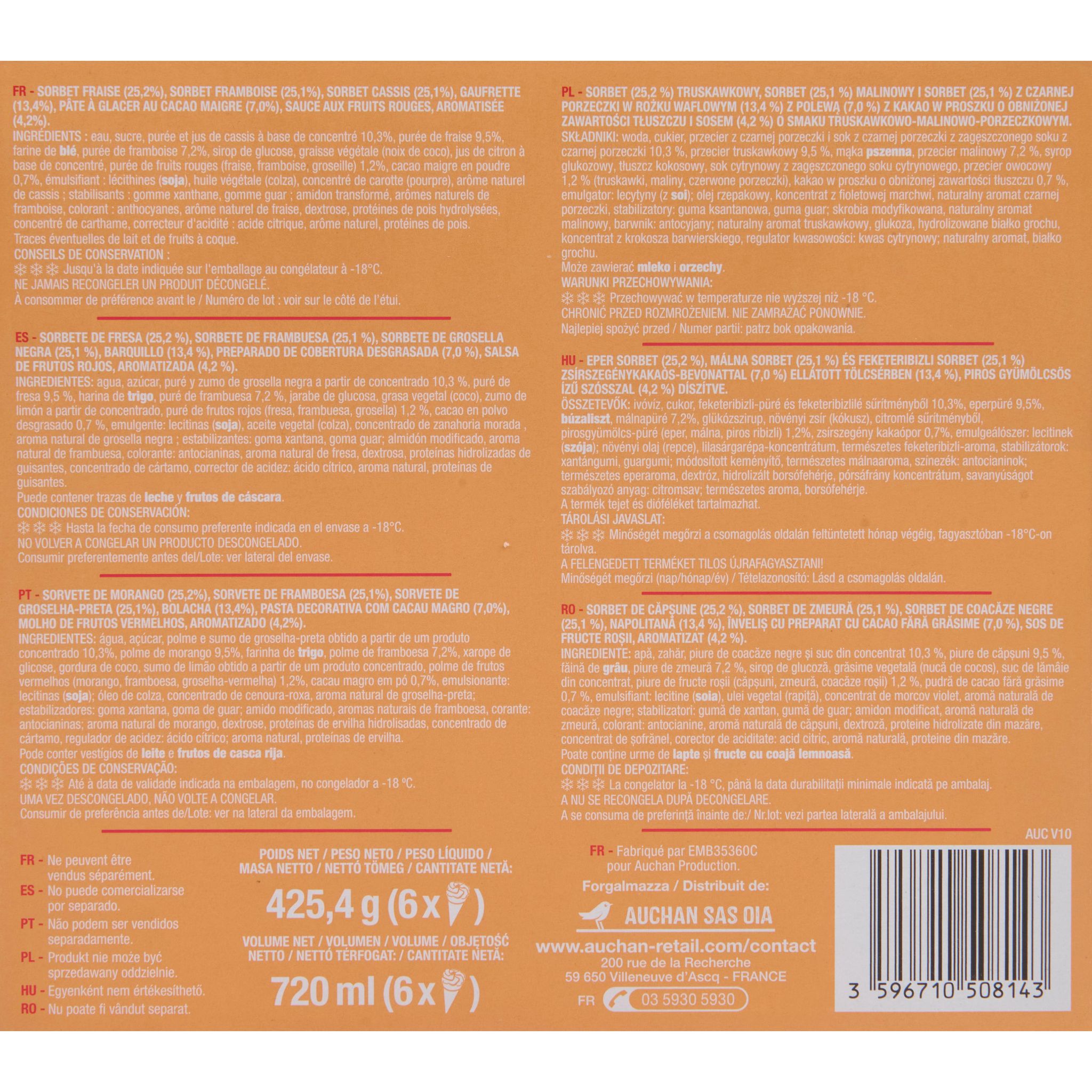 Voir la diapositive 3 : AUCHAN Cônes glacés aux fruits rouges 6 pièces 425g