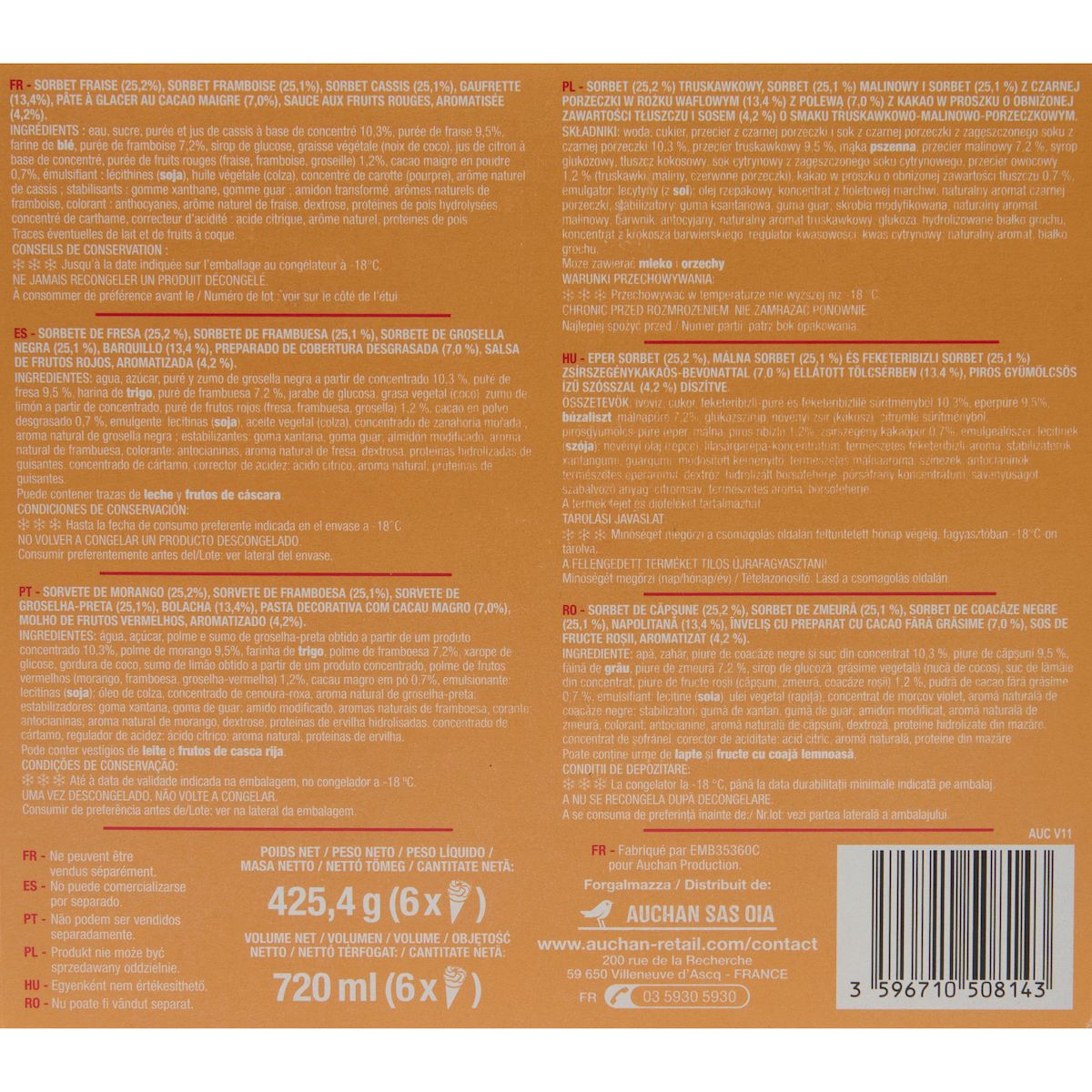 AUCHAN Cônes glacés aux fruits rouges 6 pièces 425g