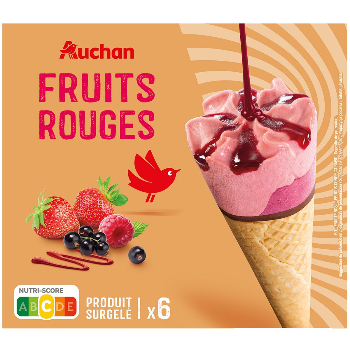 AUCHAN Cônes glacés aux fruits rouges 6 pièces 425g