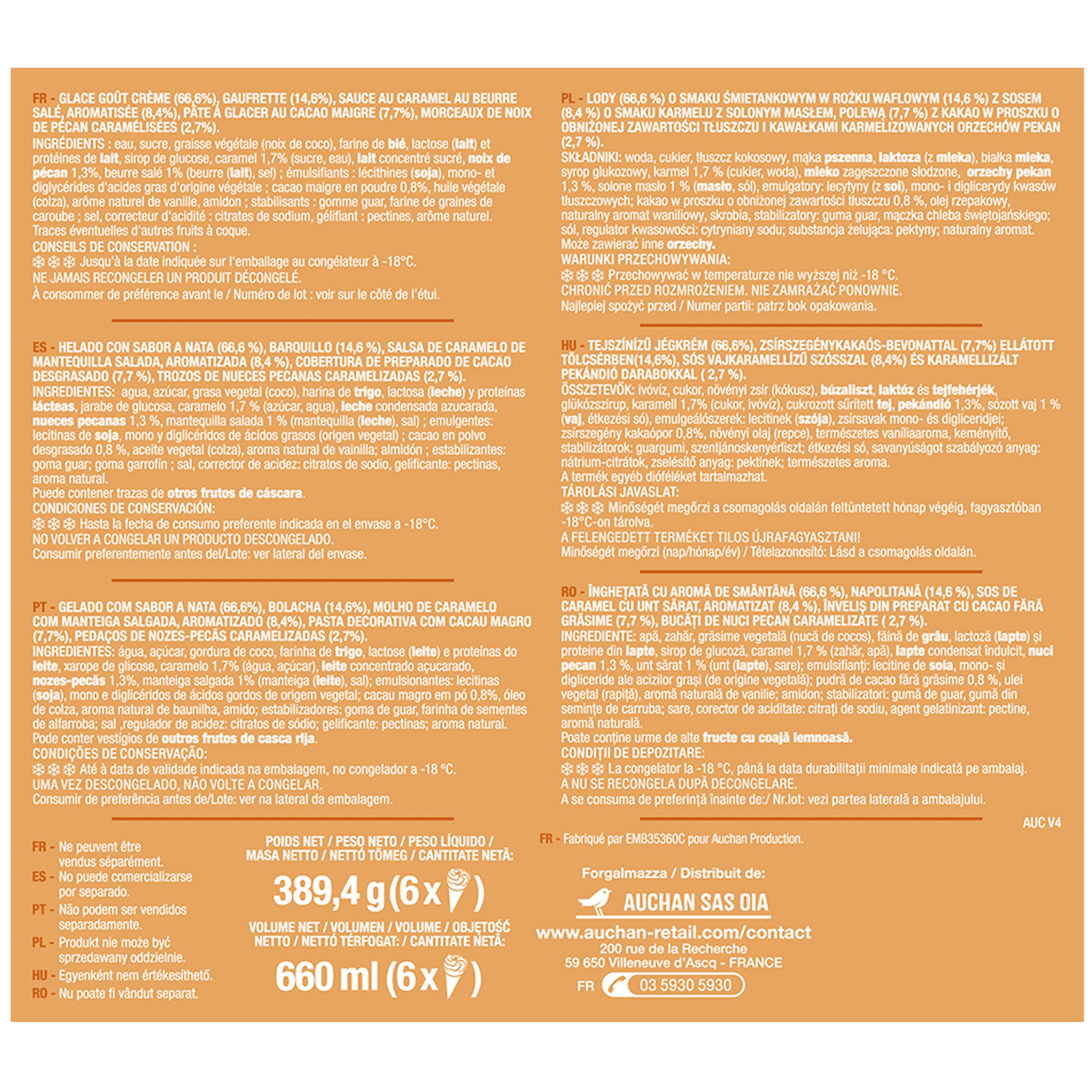 Voir la diapositive 4 : AUCHAN Cônes glacés sundae caramel 6 pièces 389g