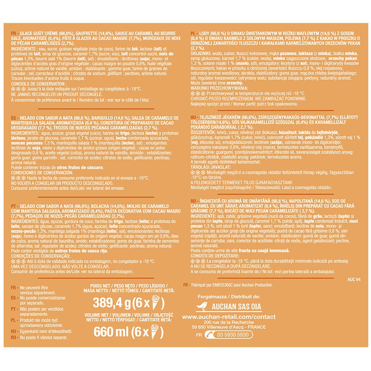 AUCHAN Cônes glacés sundae caramel 6 pièces 389g