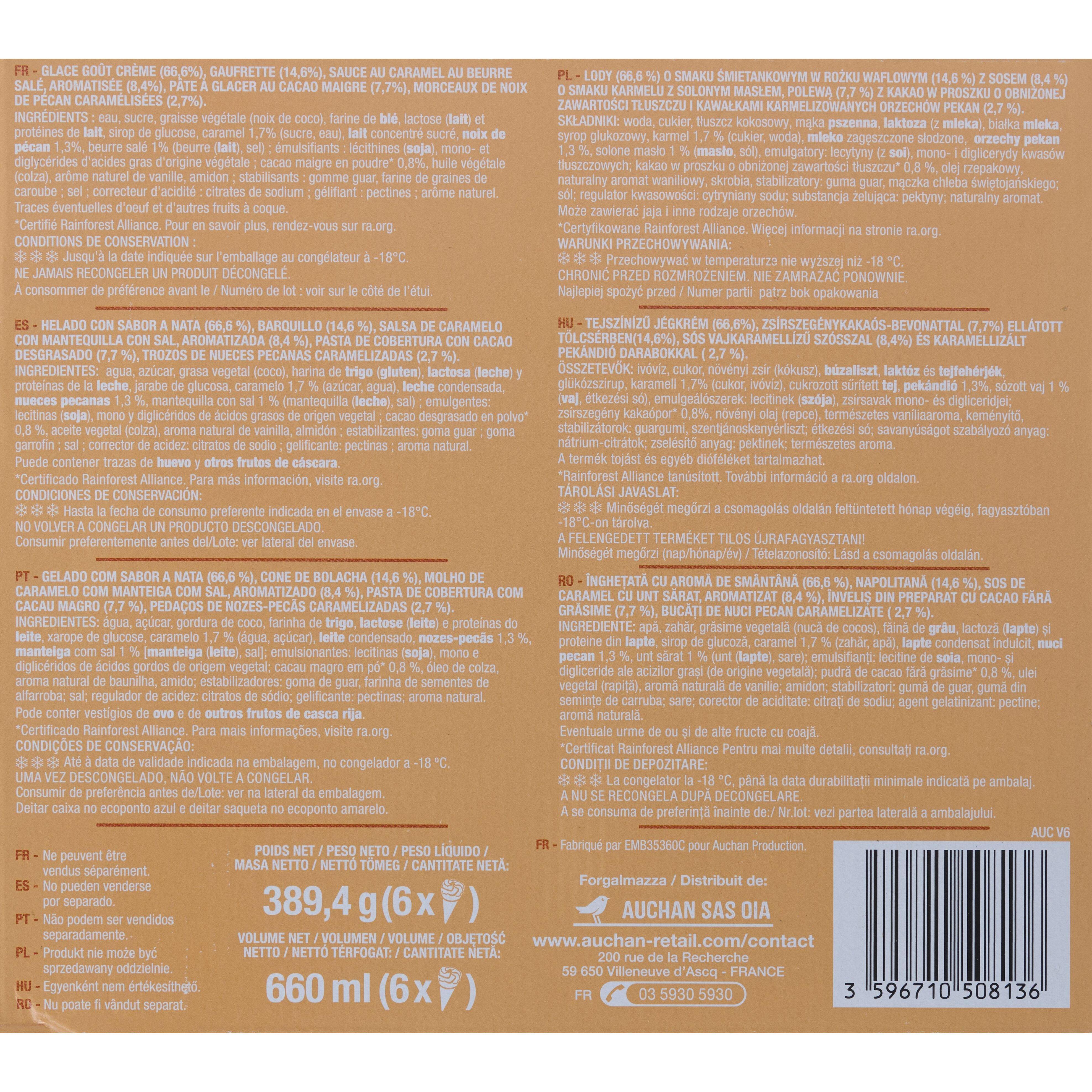 Voir la diapositive 5 : AUCHAN Cônes glacés sundae caramel 6 pièces 389g