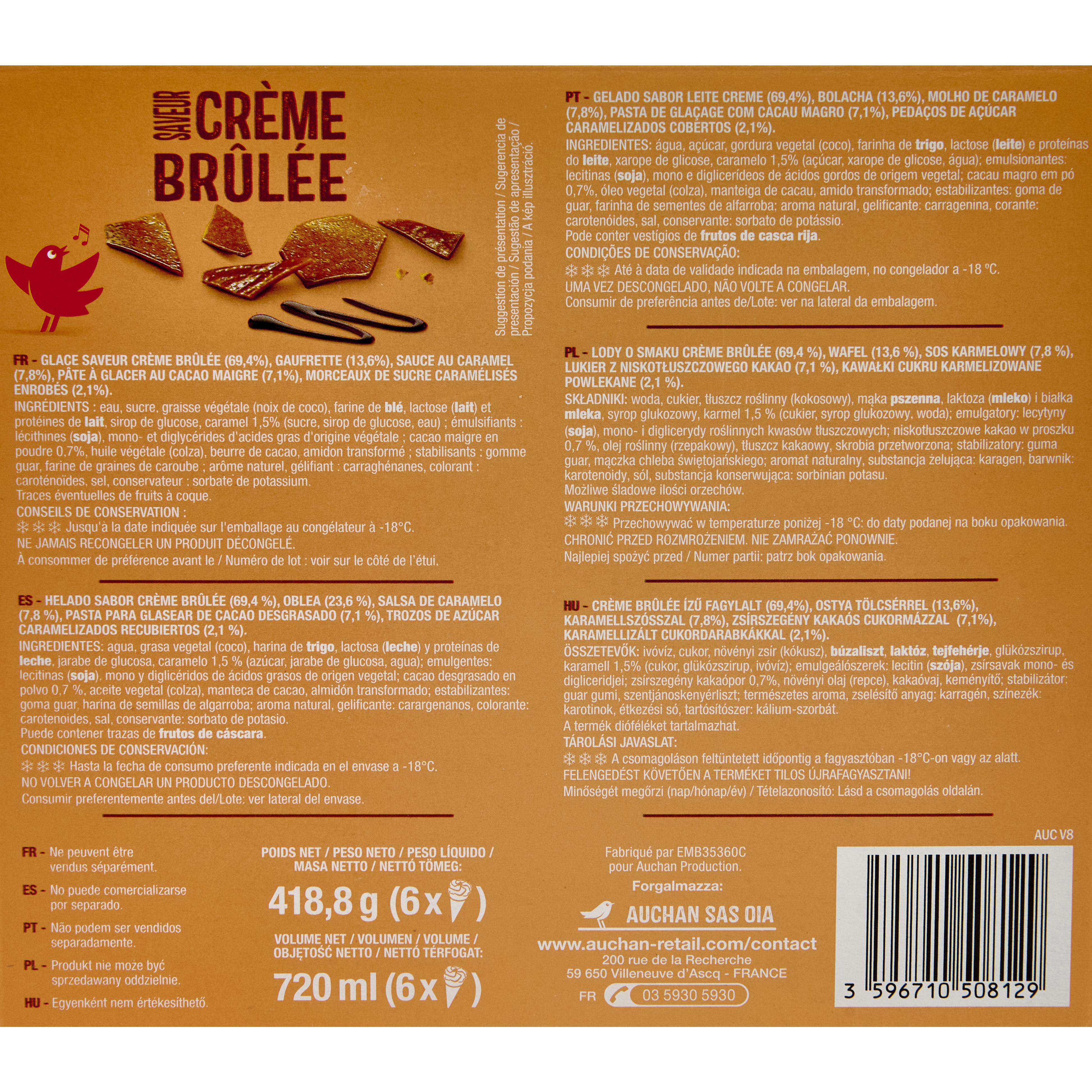 Voir la diapositive 5 : AUCHAN Cône glacé saveur crème brulée 6 pièces 418g