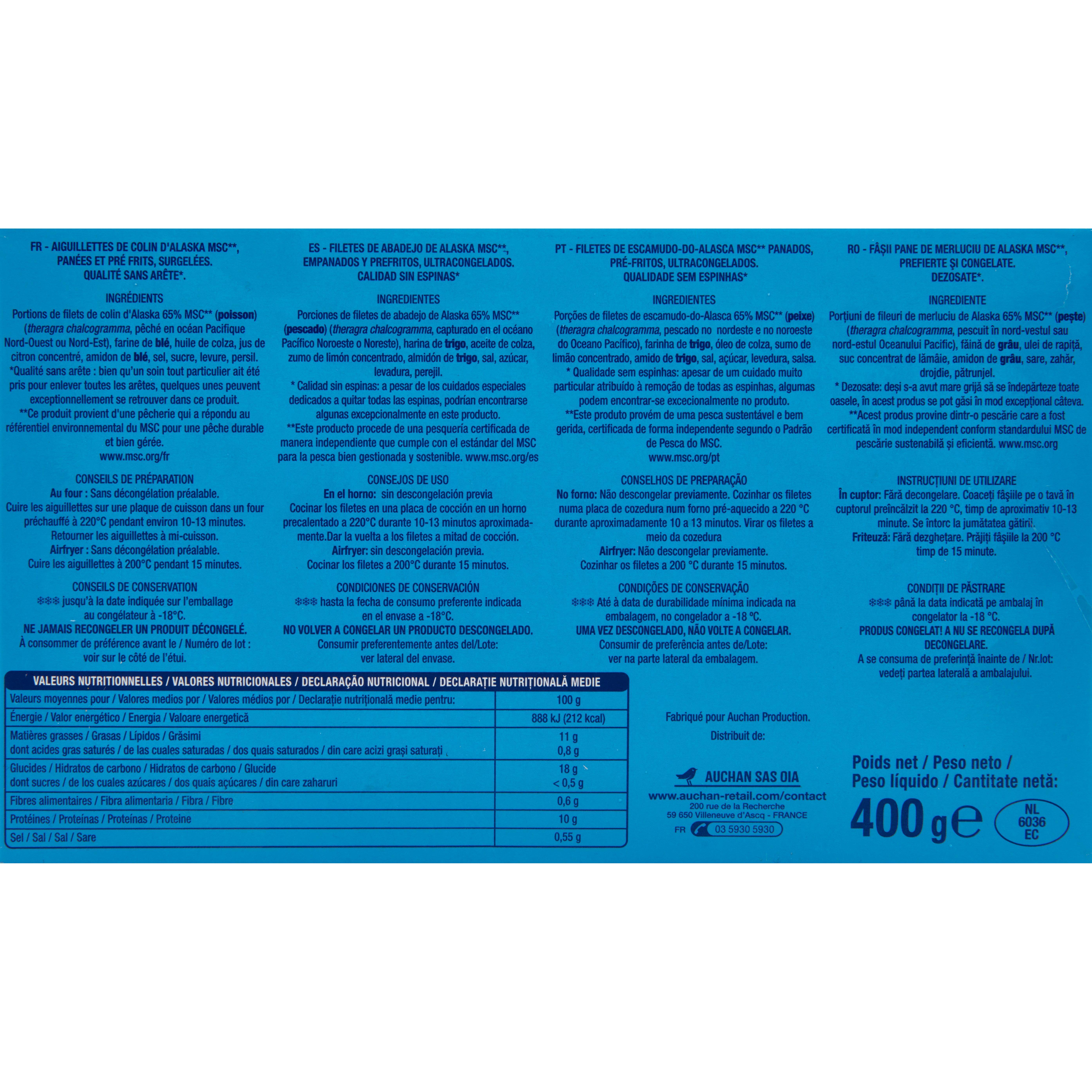 Voir la diapositive 2 : AUCHAN Aiguillettes panées de colin d'Alaska 400g
