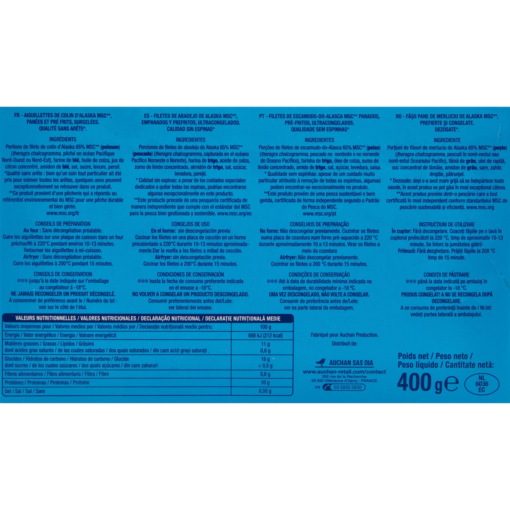 Voir la diapositive 2 : AUCHAN Aiguillettes panées de colin d'Alaska 400g