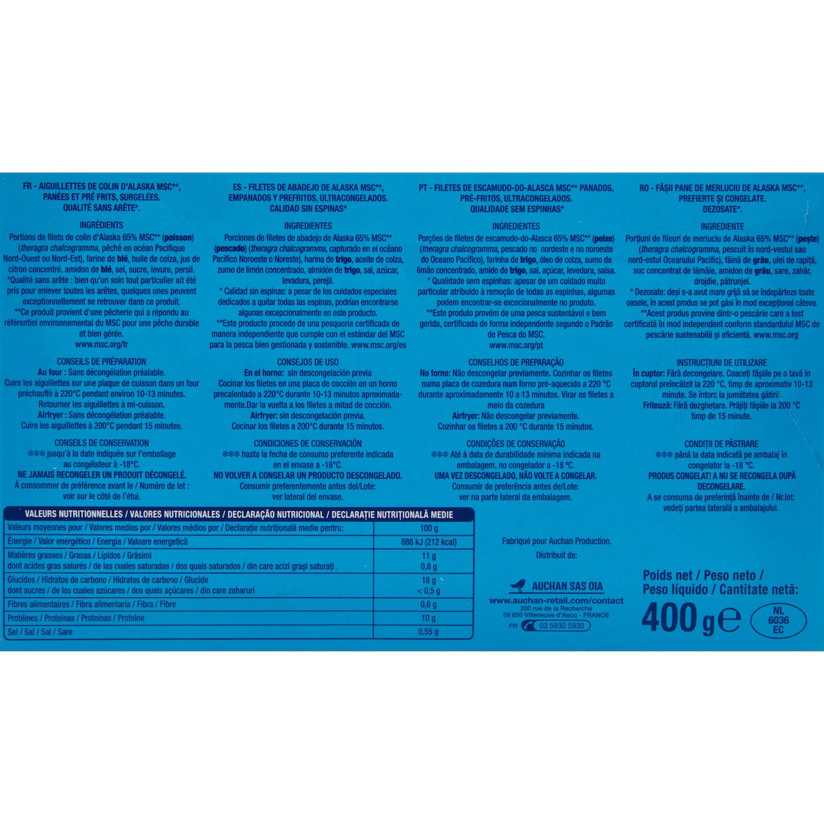 AUCHAN Aiguillettes panées de colin d'Alaska 400g