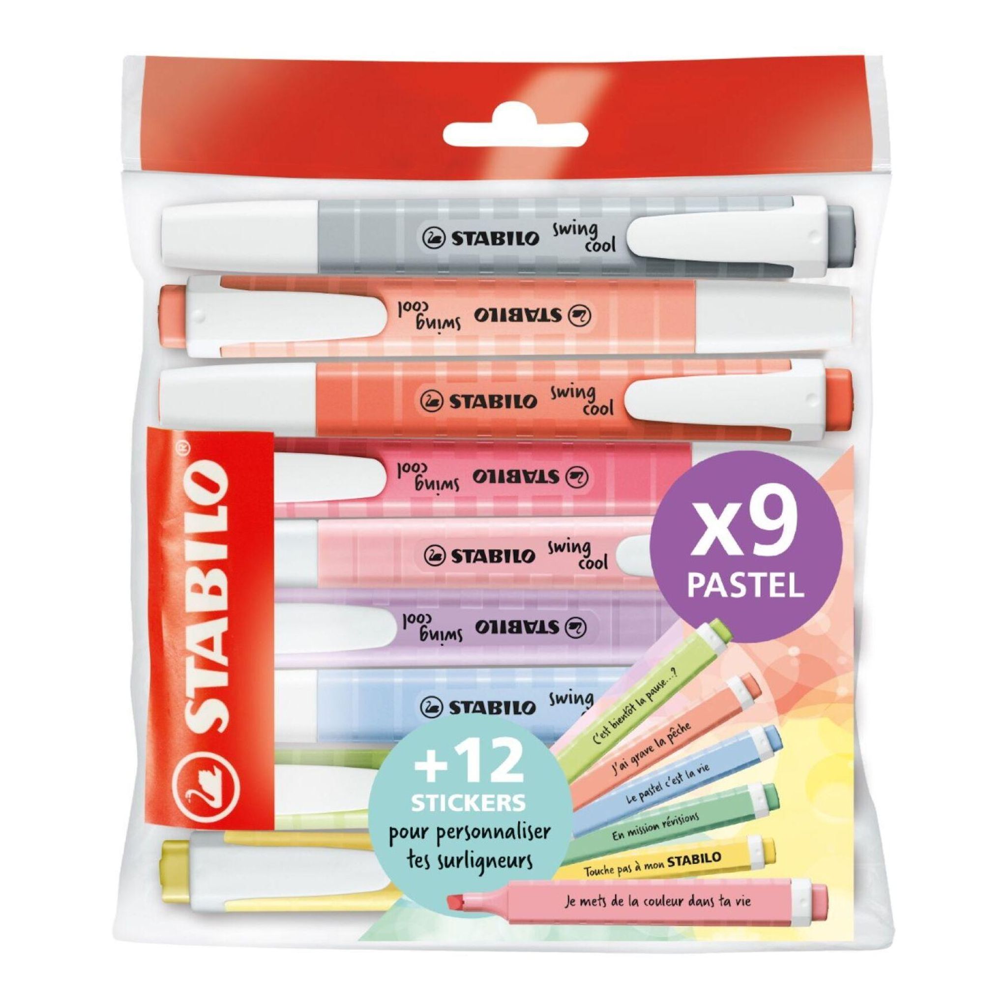 STABILO Surligneurs x9 Swing Cool Pastel + 12 Stickers message
