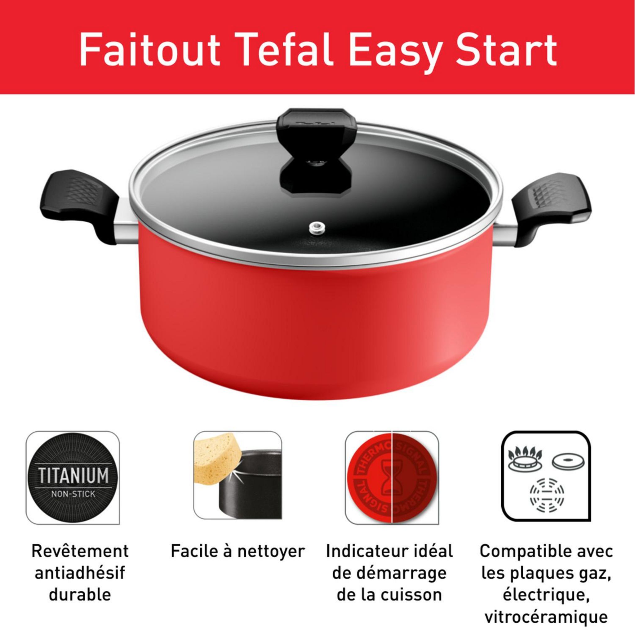 Voir la diapositive 2 : TEFAL Faitout 24 cm + Couvercle TFSI EASY START - Rouge