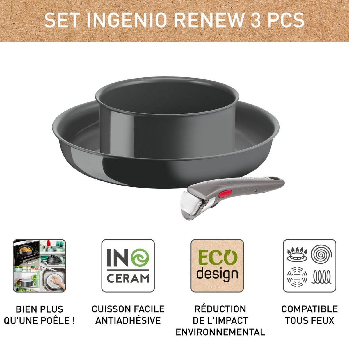TEFAL Set 3 pièces céramique gris  induction INGENIO RENEW