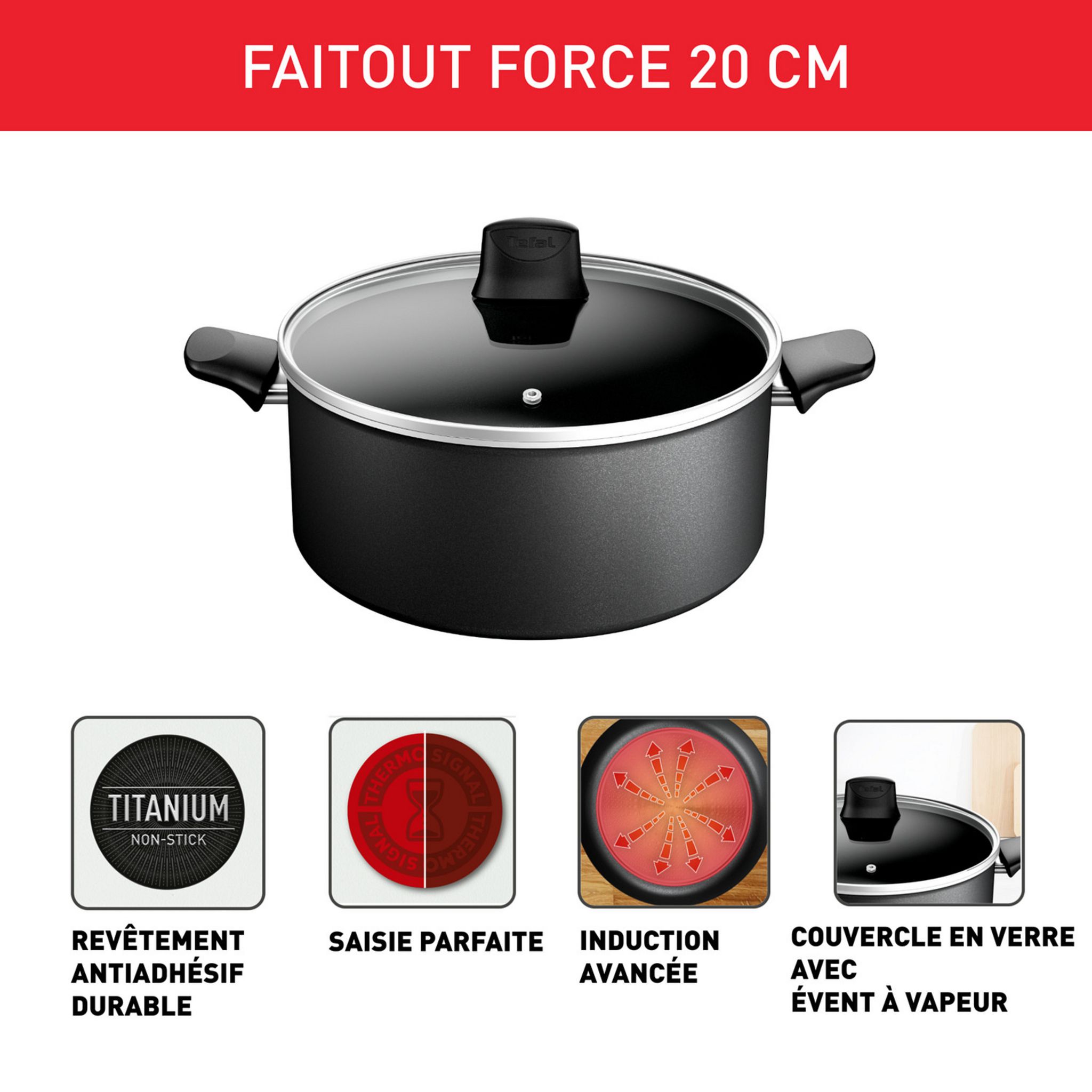 Voir la diapositive 2 : TEFAL Faitout aluminium tous feux dont induction 20 cm avec couvercle en verre FORCE