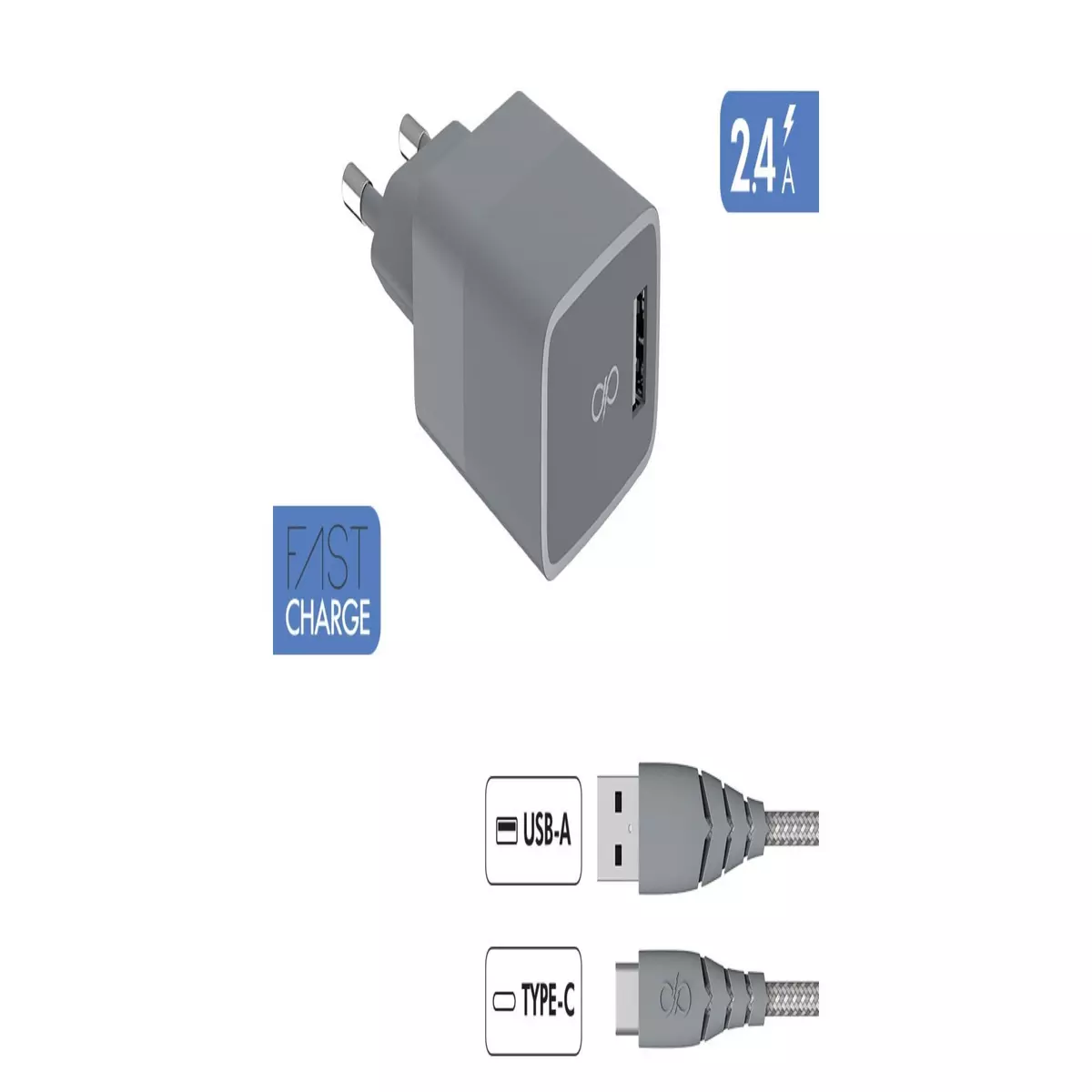 FORCEPOWER Charge maison 3A IC+Câble USB A/USB C - Gris