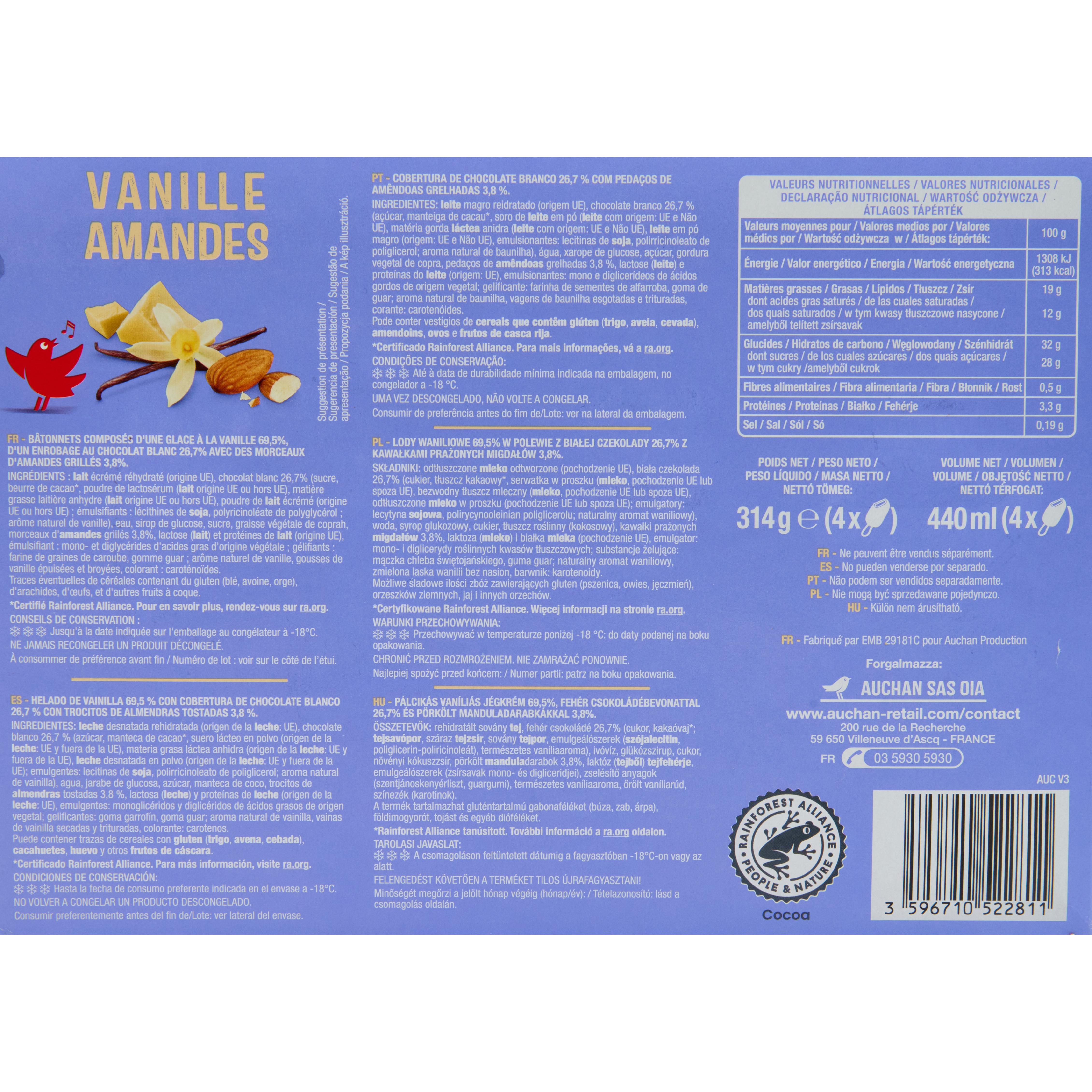 Voir la diapositive 2 : AUCHAN Bâtonnets glacés vanille et amandes 4 pièces 314g