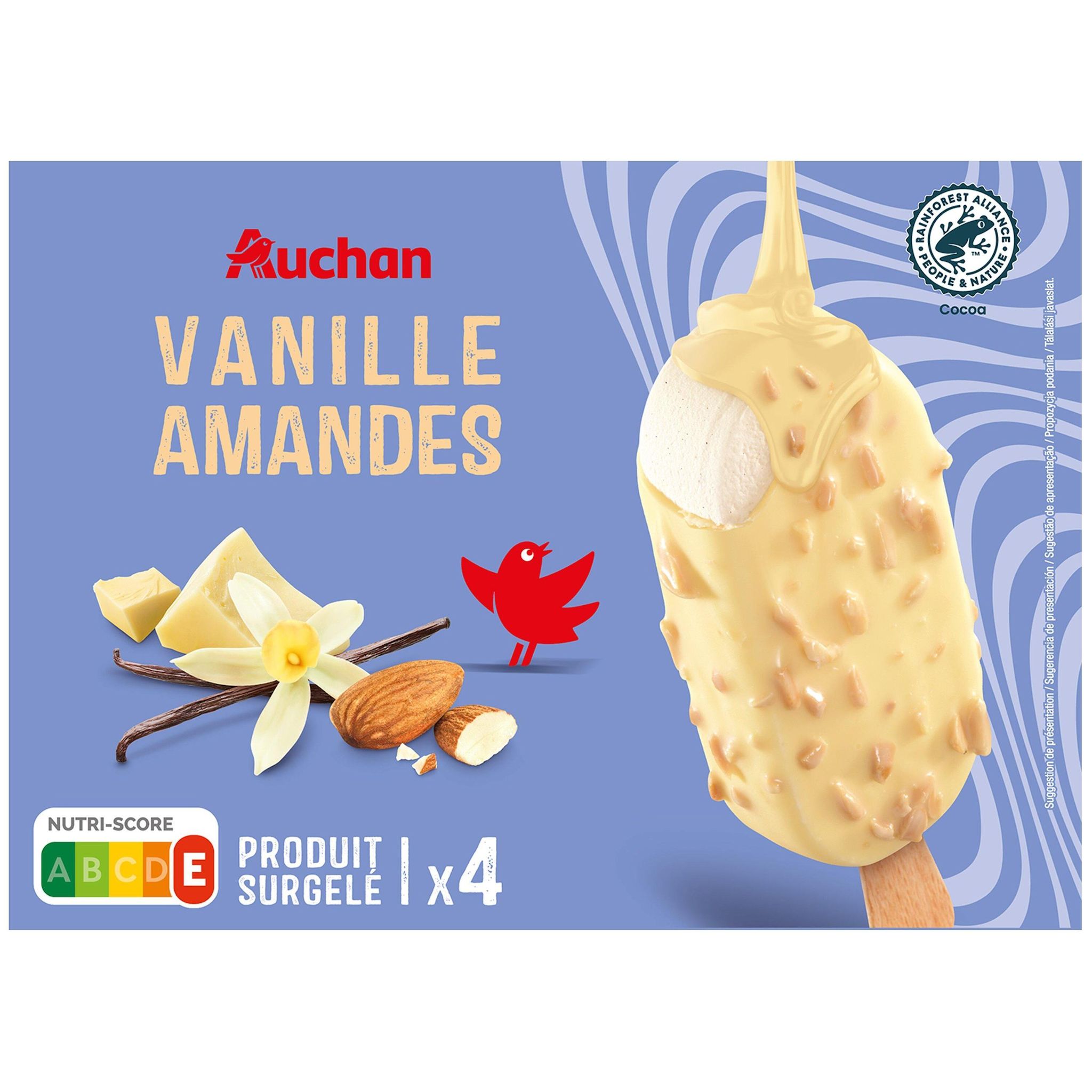 Voir la diapositive 3 : AUCHAN Bâtonnets glacés vanille et amandes 4 pièces 314g