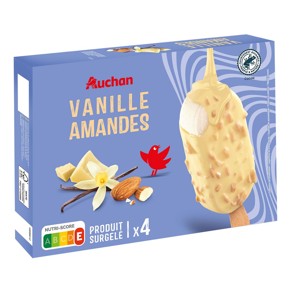 AUCHAN Bâtonnets glacés vanille et amandes 4 pièces 314g