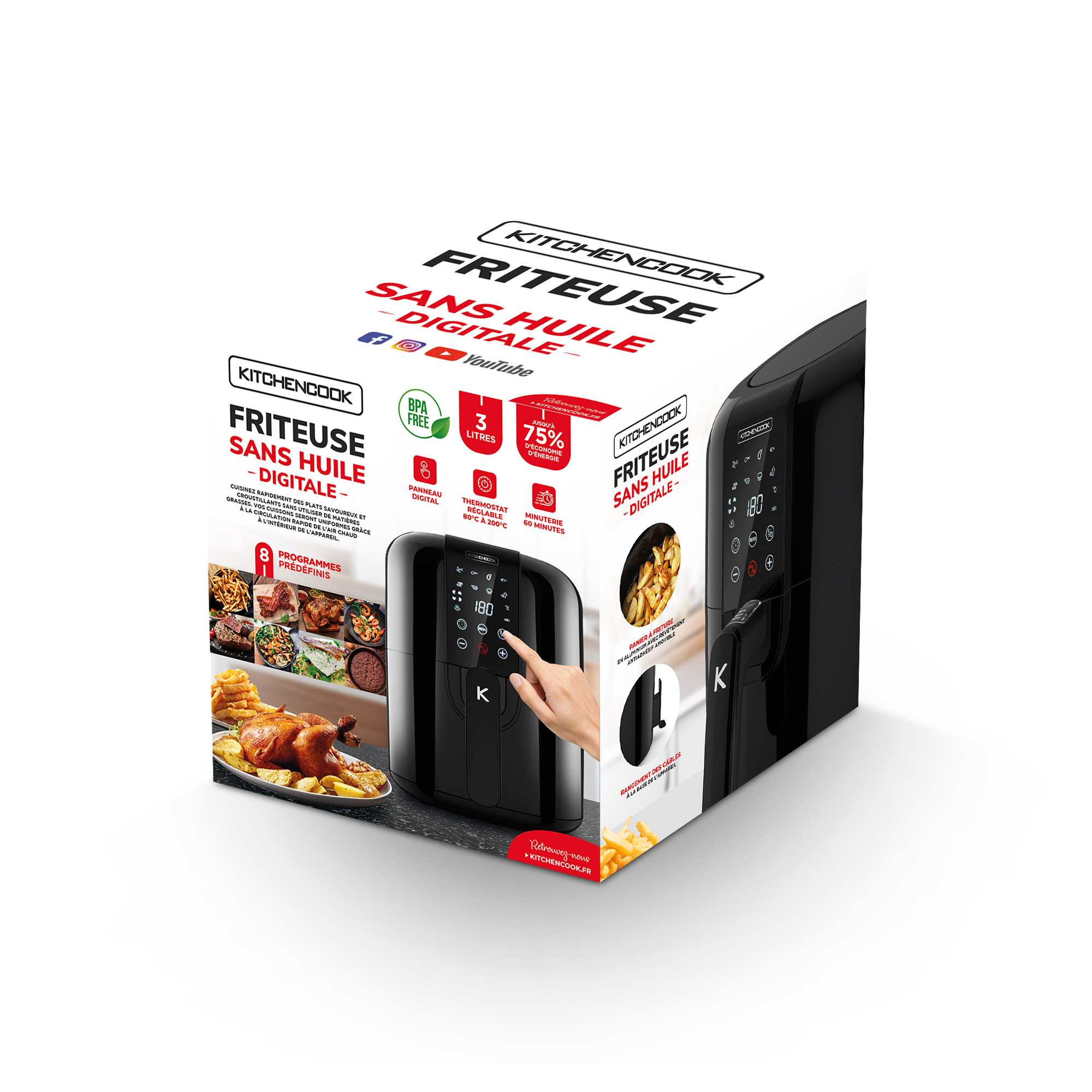 Voir la diapositive 5 : KITCHENCOOK Friteuse électrique  sans huile à air chaud AIRMED - Noir