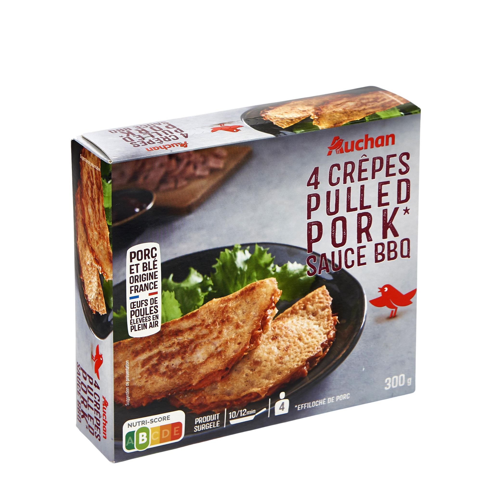 Voir la diapositive 2 : AUCHAN Crêpes Pulld Pork sauce BBQ 4 pièces 300g