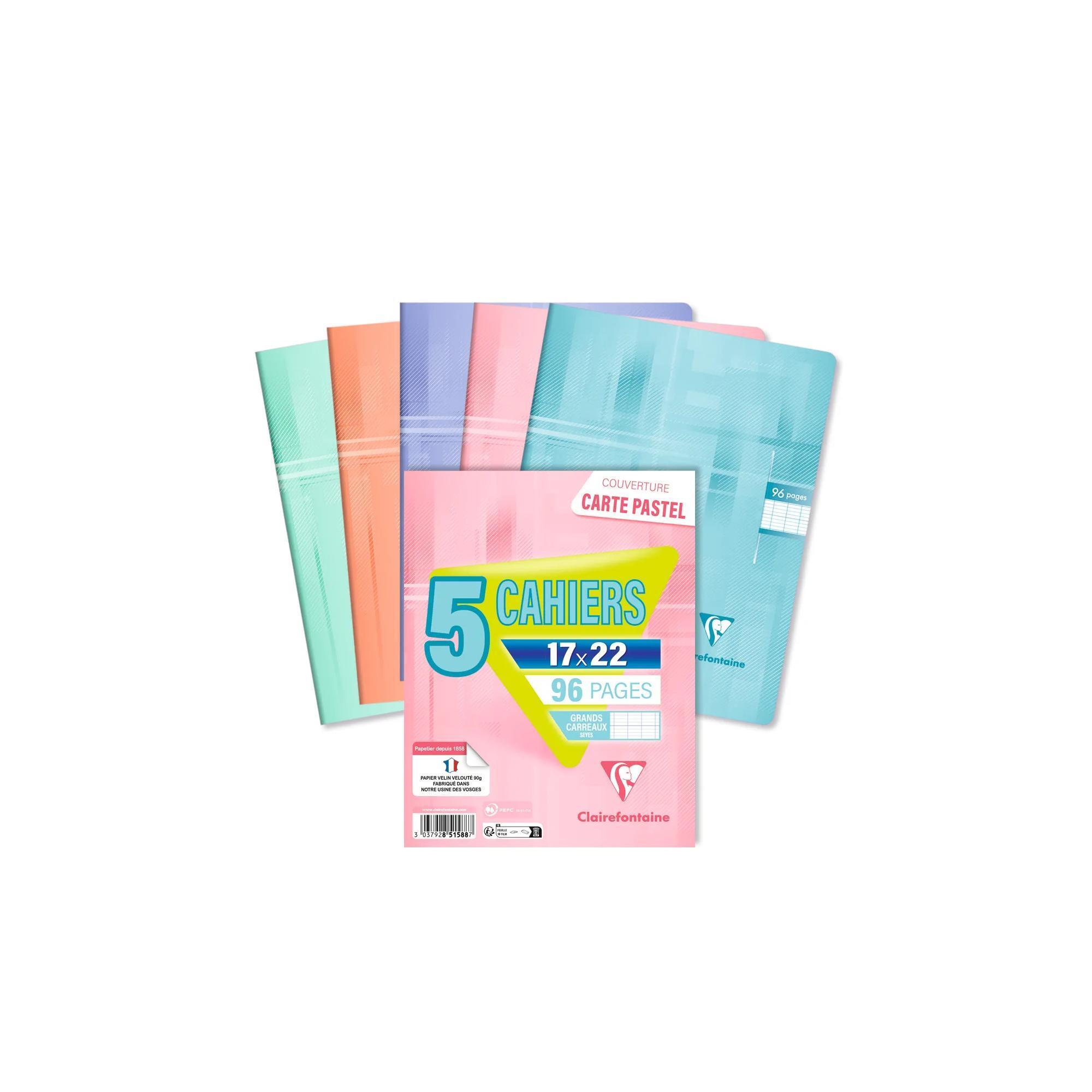 PAPETERIE SILL Lot de 5 cahiers piqure 96 pages grands carreaux 17x22cm couleur pastel Clairefontaine