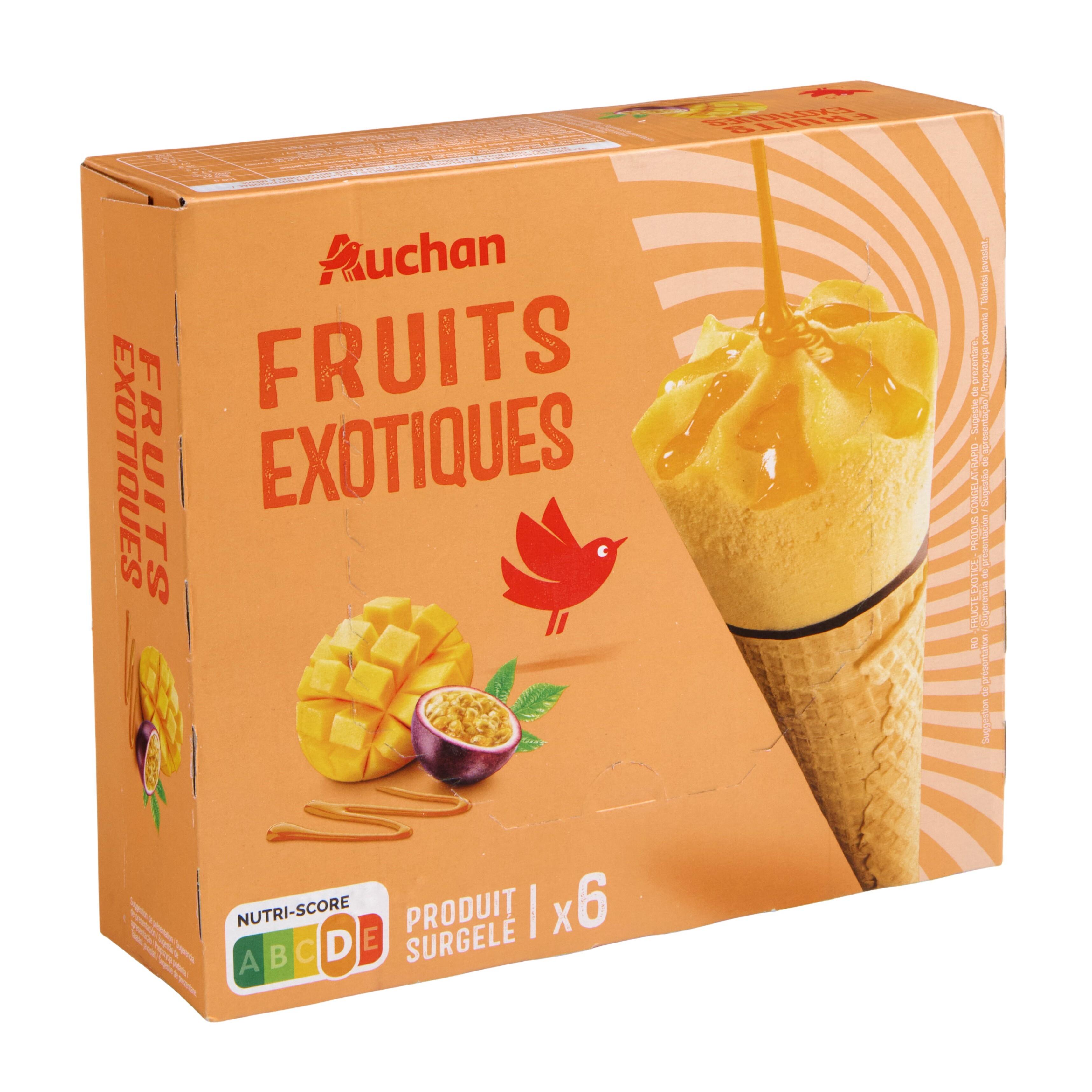 Voir la diapositive 2 : AUCHAN Cônes glacés fruits exotiques 6 pièces 422g