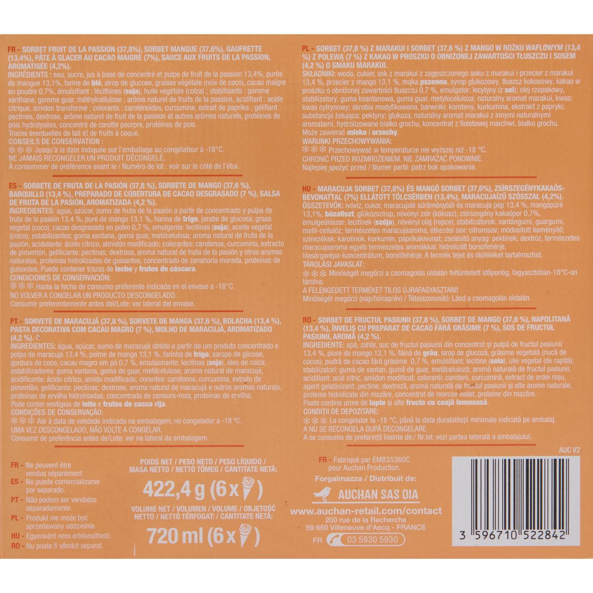 AUCHAN Cônes glacés fruits exotiques 6 pièces 422g