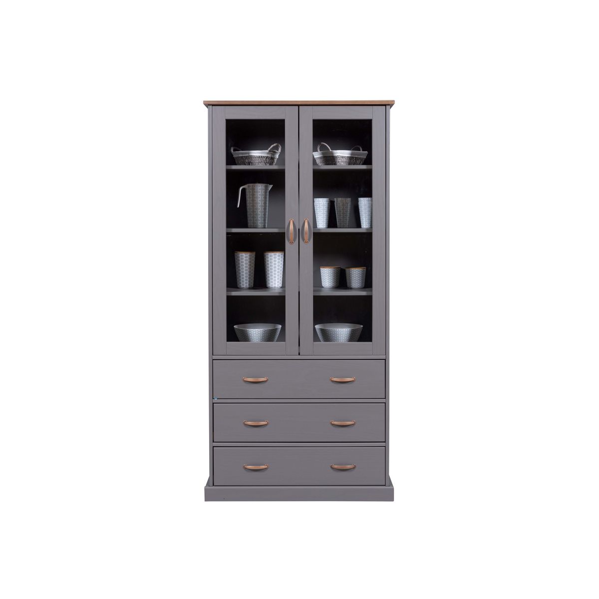 Vitrine vaisselier en bois massif 2 portes vitrées 3 tiroirs LUNA 