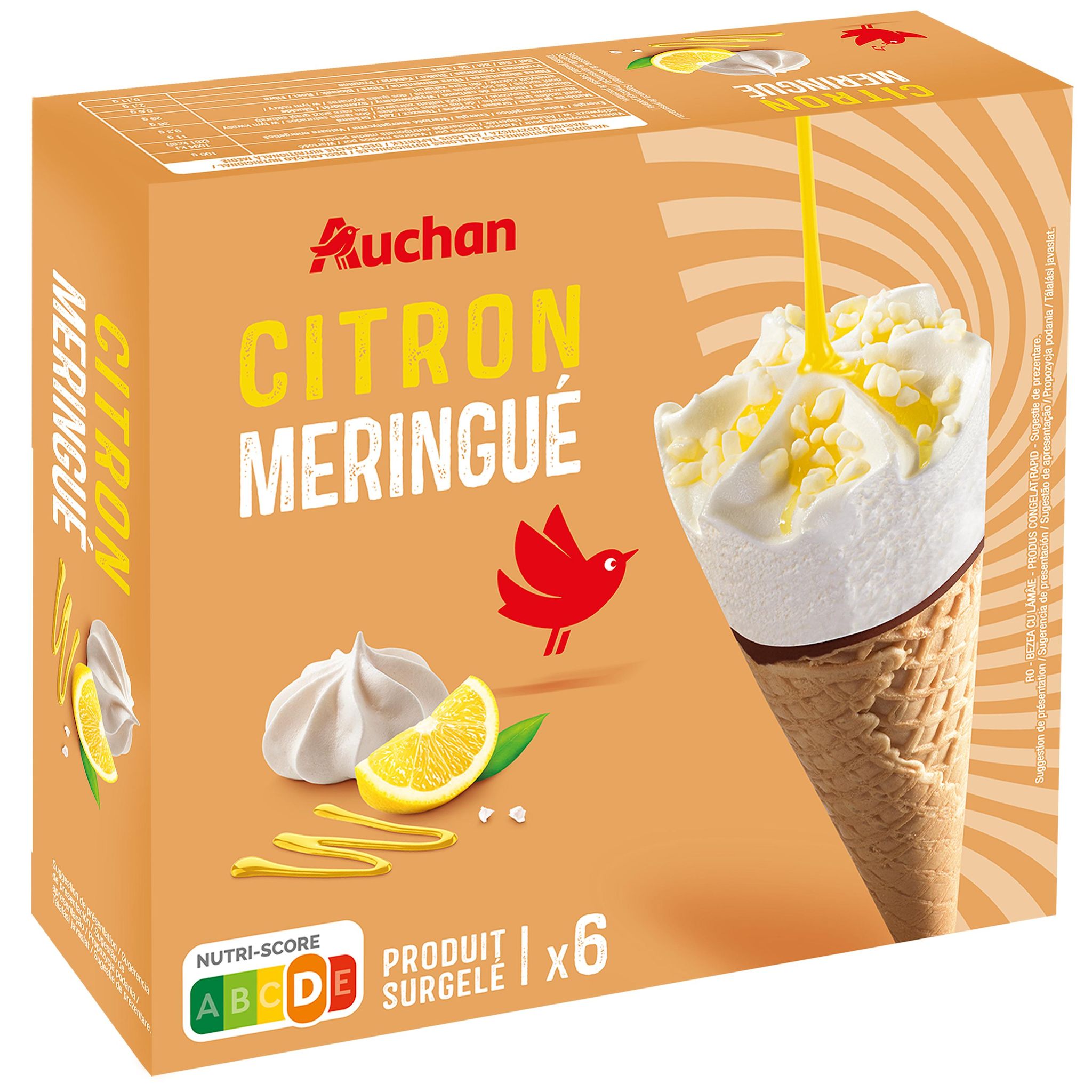 Voir la diapositive 2 : AUCHAN Cônes glacés citron meringué 6 pièces 430g