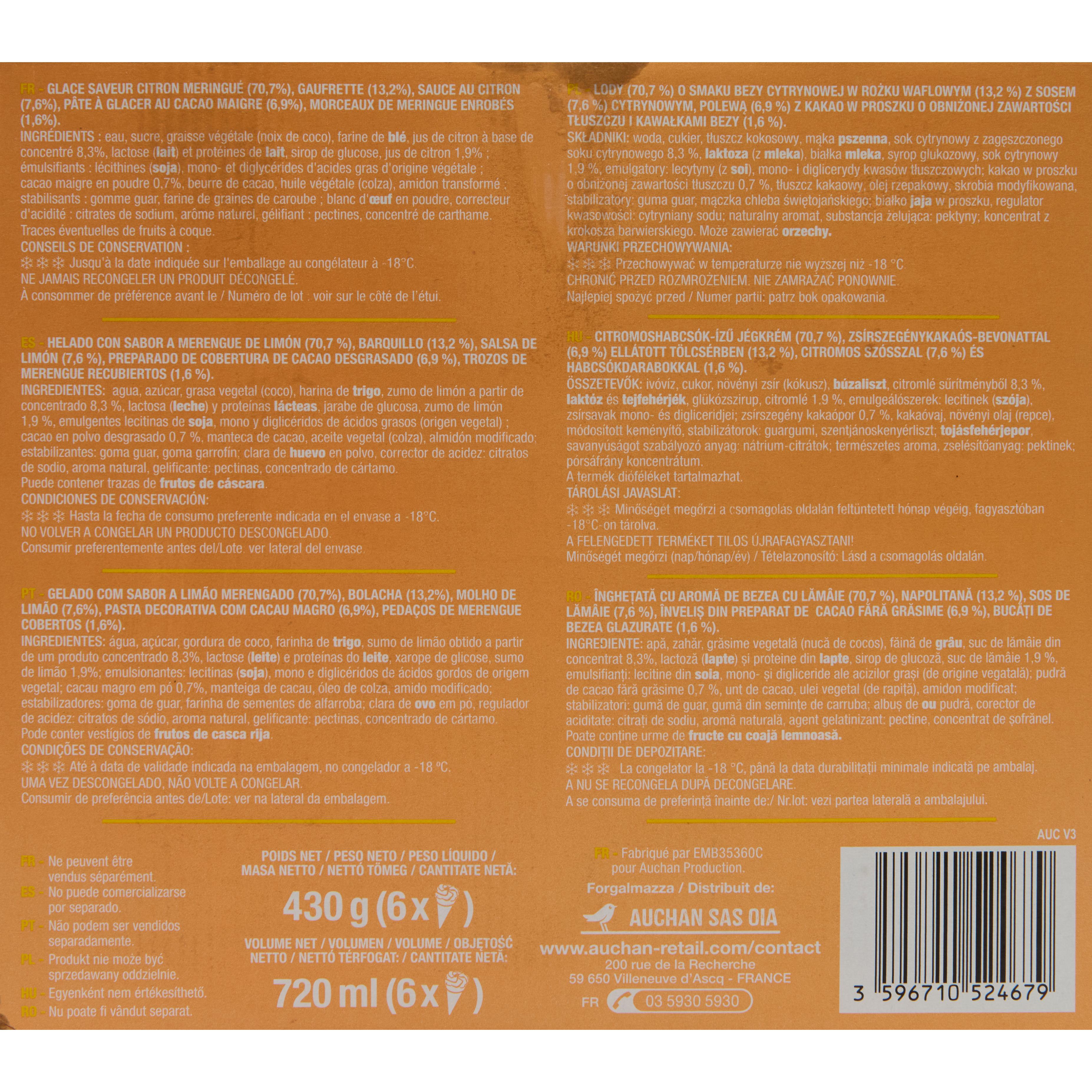 Voir la diapositive 6 : AUCHAN Cônes glacés citron meringué 6 pièces 430g