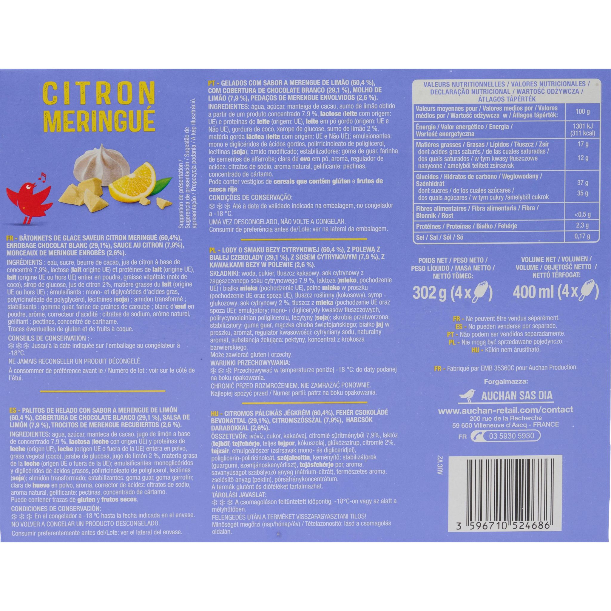 Voir la diapositive 3 : AUCHAN Bâtonnets glacés saveur citron meringué 4 pièces 302g