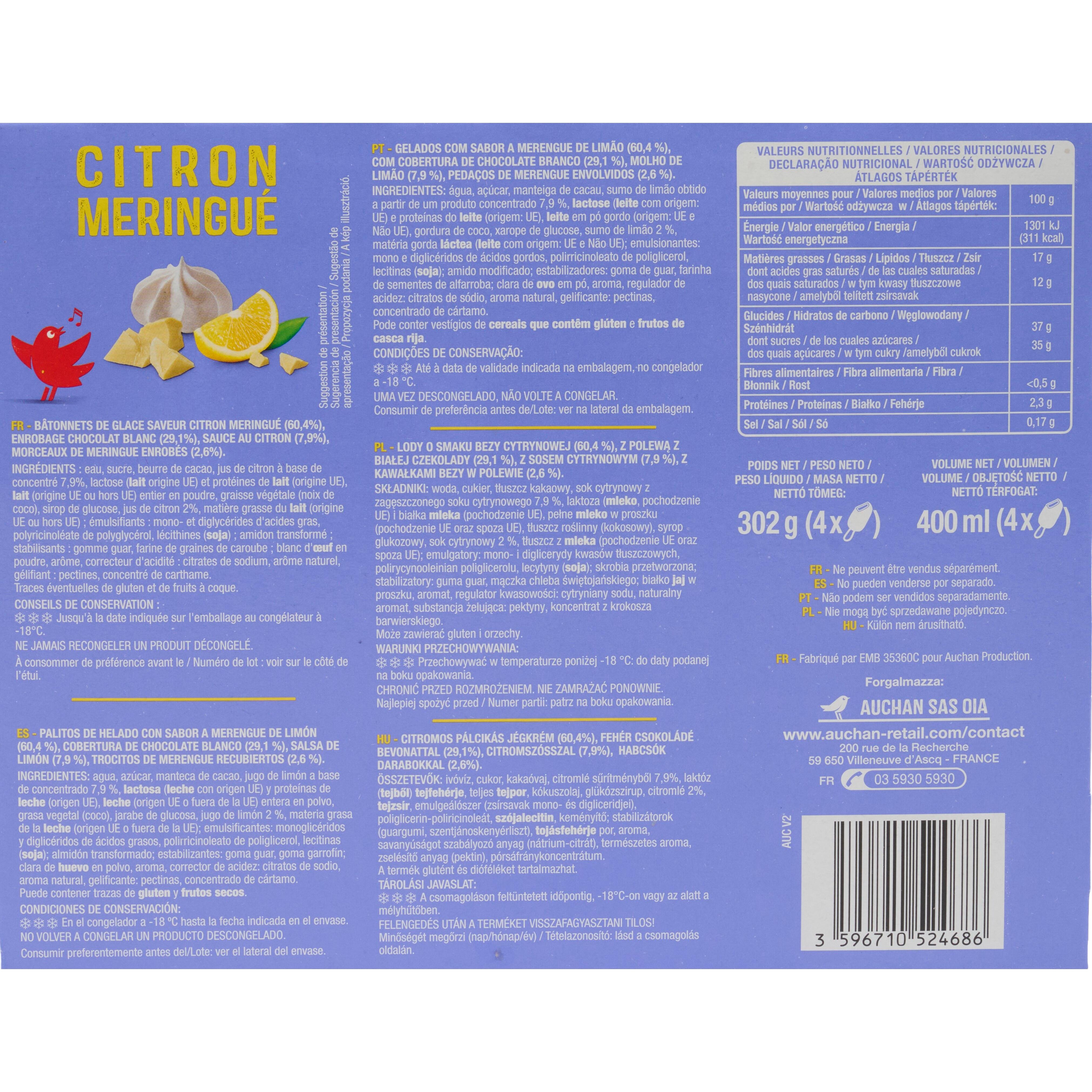 Voir la diapositive 4 : AUCHAN Bâtonnets glacés saveur citron meringué 4 pièces 302g