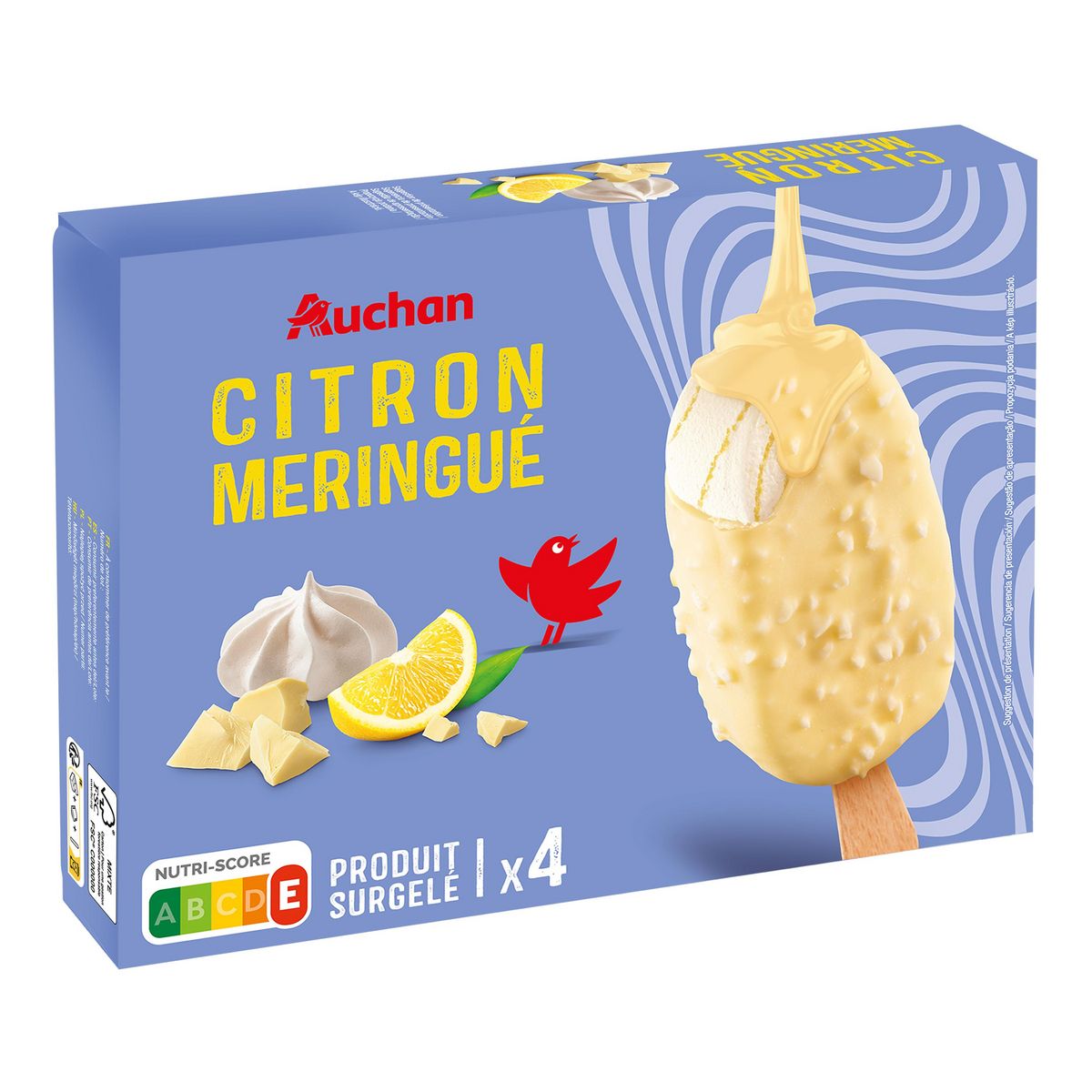 AUCHAN Bâtonnets glacés saveur citron meringué 4 pièces 302g