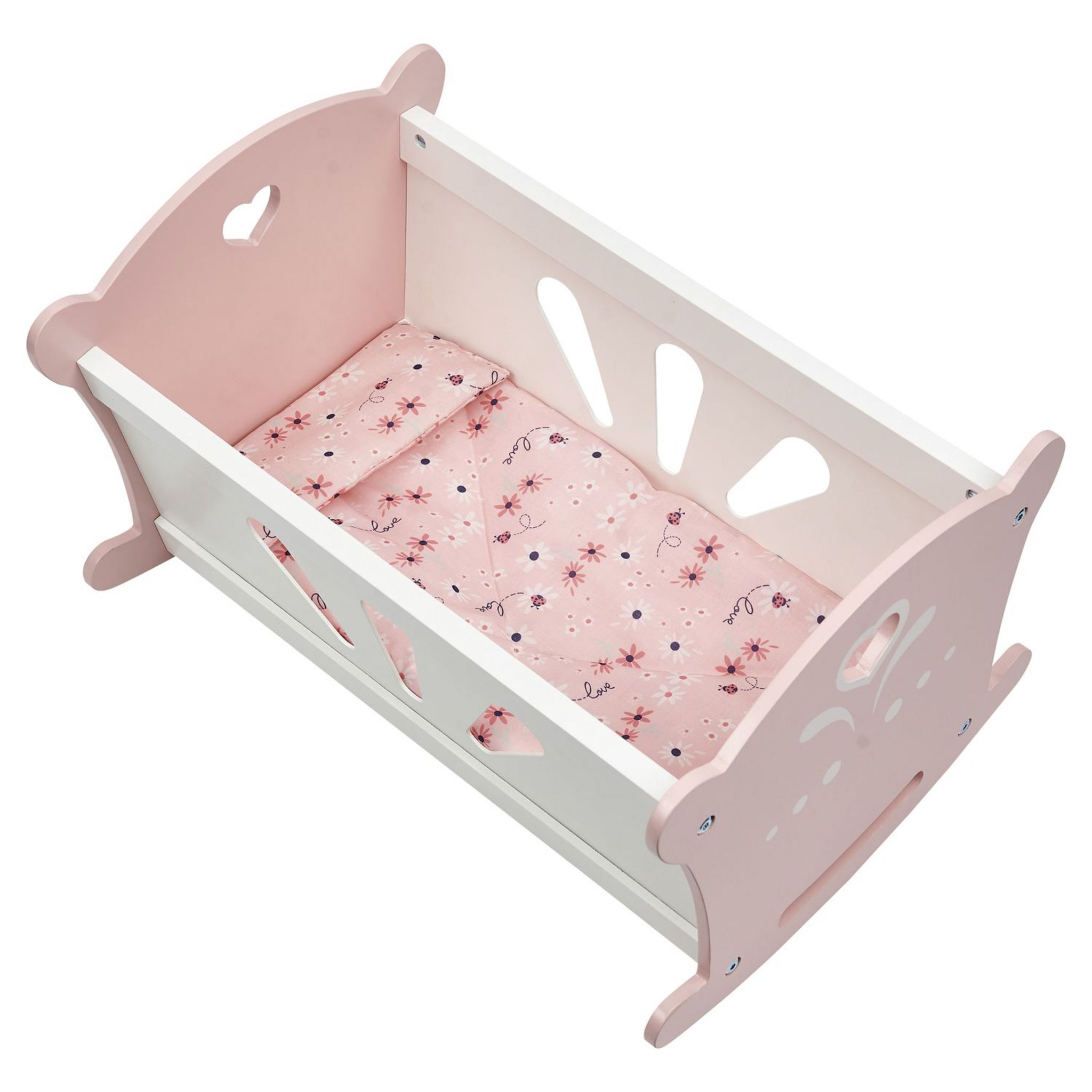 Voir la diapositive 4 : ONE TWO FUN Lit à bascule en bois pour poupée - Rose et Blanc