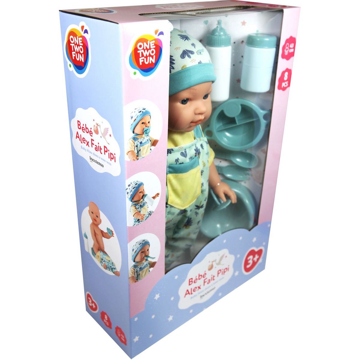 ONE TWO FUN Poupée Bébé Alex fait pipi 43 cm + Accessoires