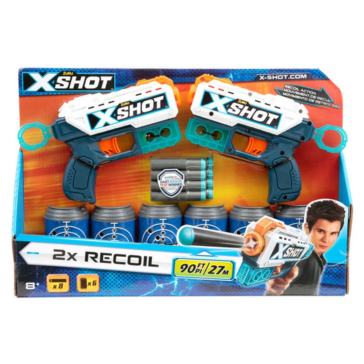ZURU Pistolet Double KickBack + 8 Fléchettes + 6 canettes